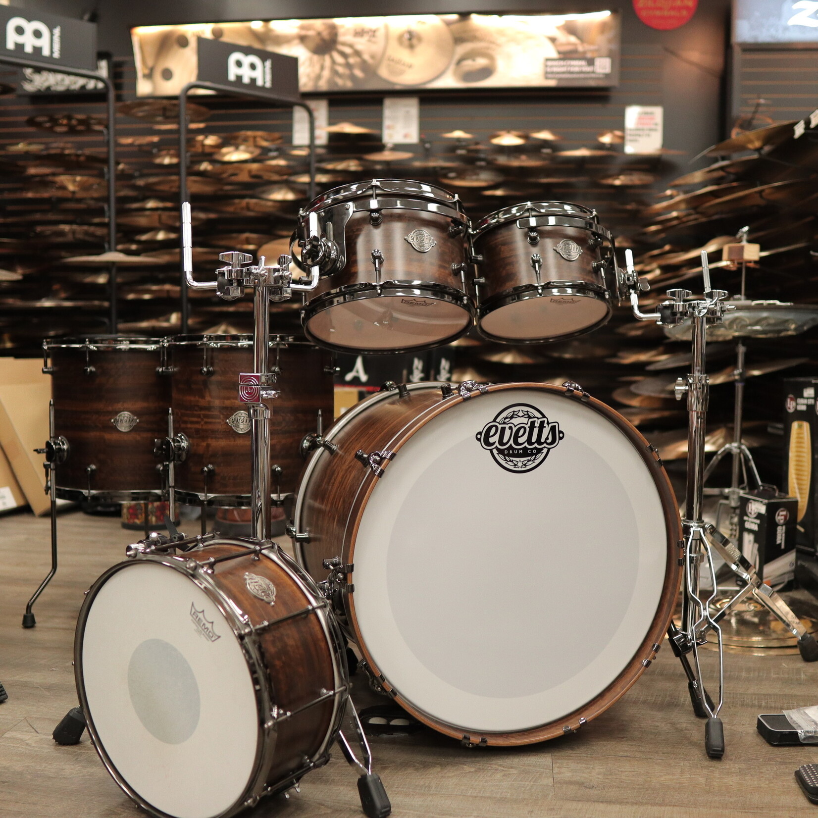 Evetts Drum Co. Pre-Owned Evetts 6-Piece Spotted Gum Shell Pack w/ Smoked Eucalyptus Veneer & Black Nickel Hardware 10/12/14/16/22/14sn