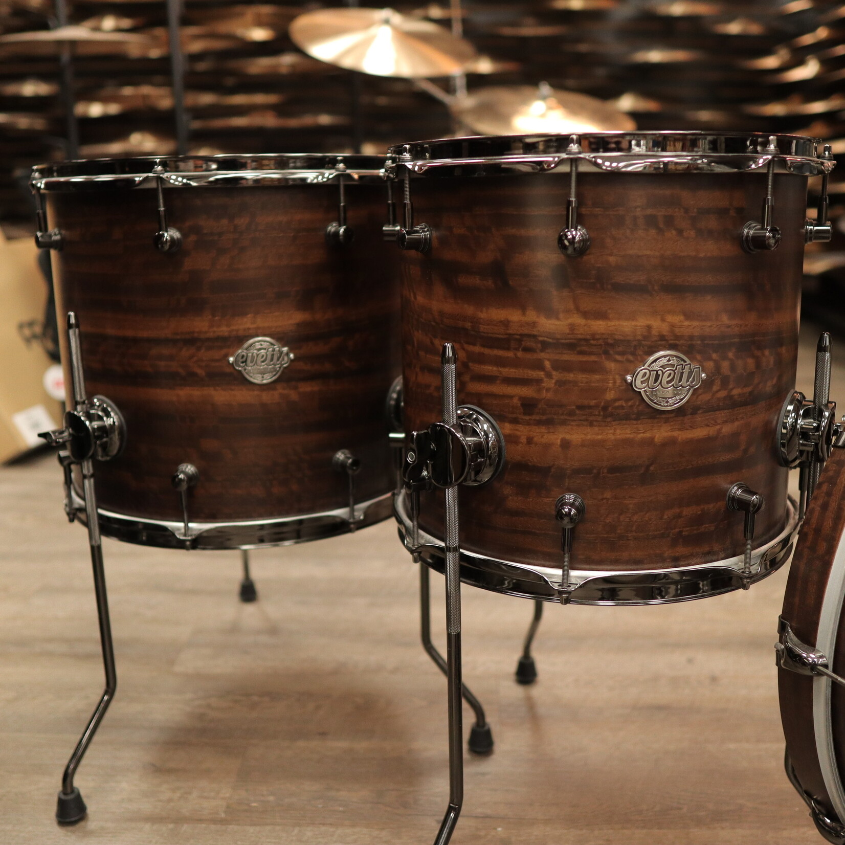 Evetts Drum Co. Pre-Owned Evetts 6-Piece Spotted Gum Shell Pack w/ Smoked Eucalyptus Veneer & Black Nickel Hardware 10/12/14/16/22/14sn