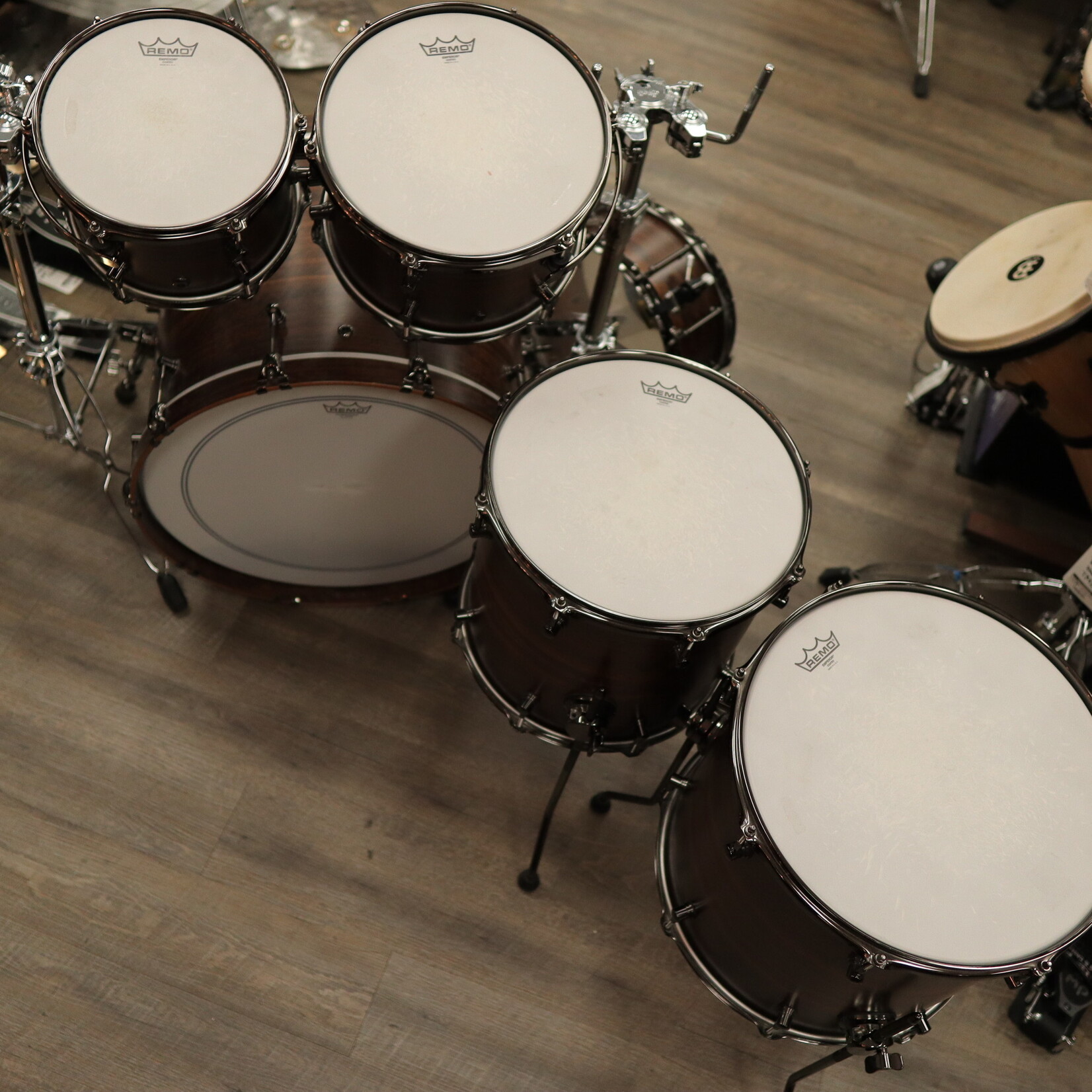 Evetts Drum Co. Pre-Owned Evetts 6-Piece Spotted Gum Shell Pack w/ Smoked Eucalyptus Veneer & Black Nickel Hardware 10/12/14/16/22/14sn