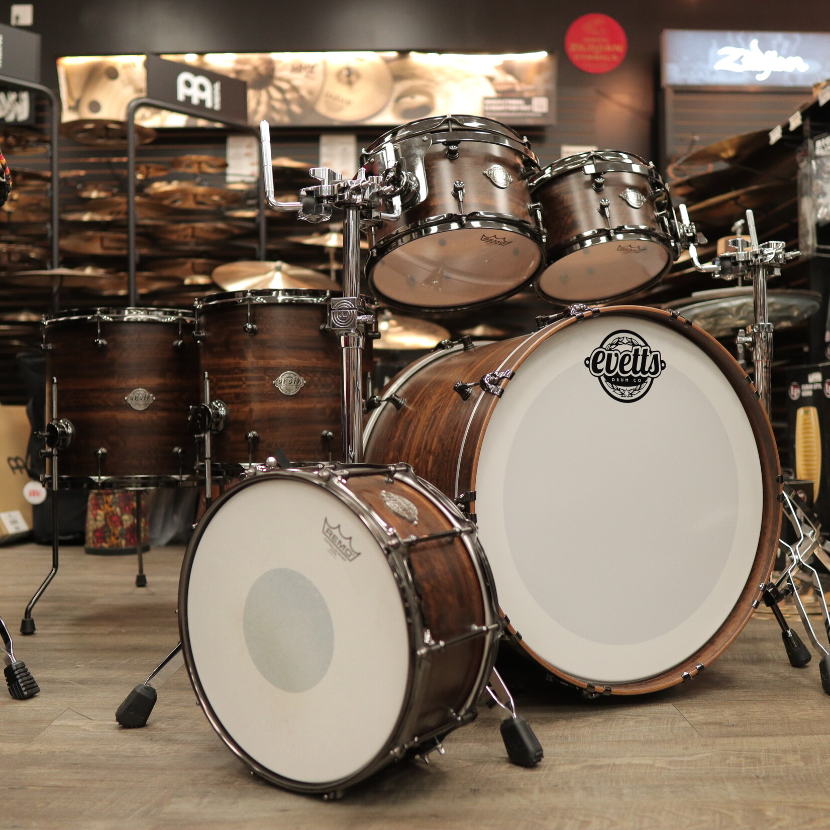 Evetts Drum Co. Pre-Owned Evetts 6-Piece Spotted Gum Shell Pack w/ Smoked Eucalyptus Veneer & Black Nickel Hardware 10/12/14/16/22/14sn