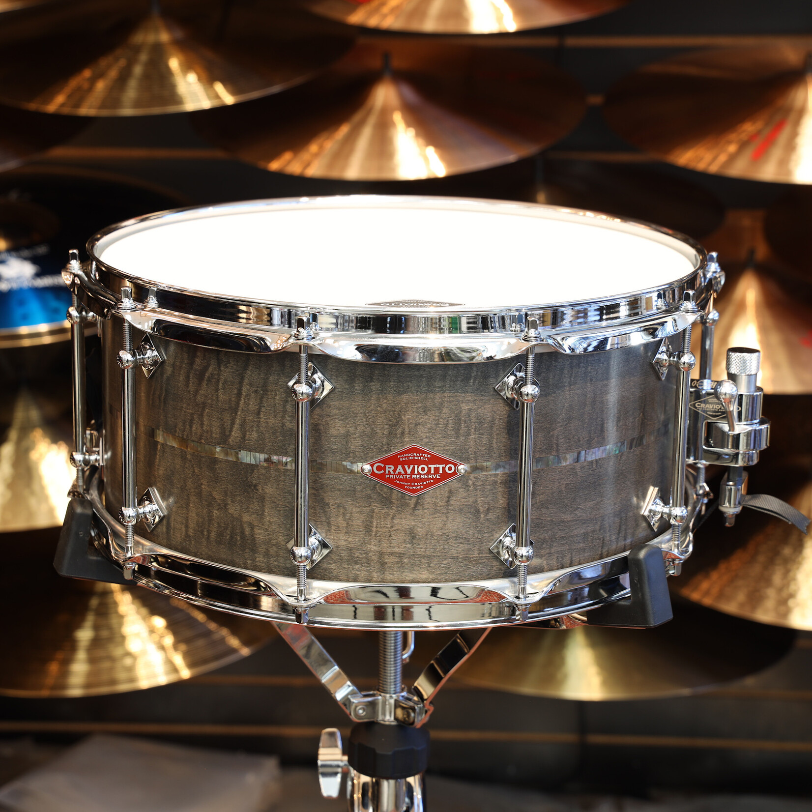Craviotto Craviotto Private Reserve 6.5X14" Snare Drum Curly Maple w/Black Tahitian Pearl Abalone Inlay (Grey Stained Oil Finish - Darker)