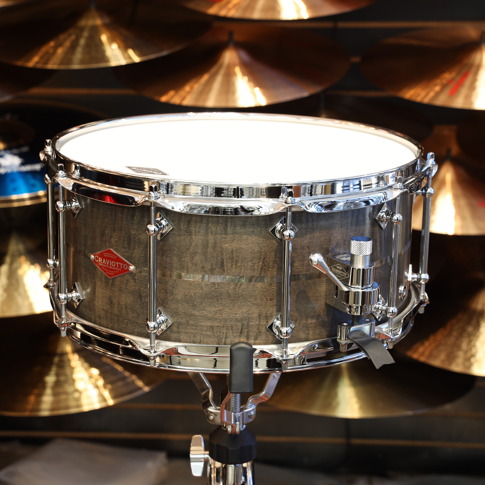 Craviotto Craviotto Private Reserve 6.5X14" Snare Drum Curly Maple w/Black Tahitian Pearl Abalone Inlay (Grey Stained Oil Finish - Darker)