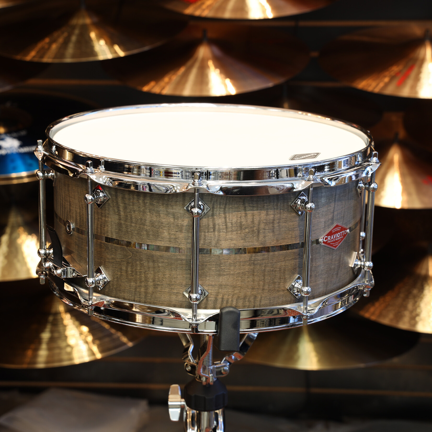 Craviotto Craviotto Private Reserve 6.5X14" Snare Drum Curly Maple w/Black Tahitian Pearl Abalone Inlay (Grey Stain Oil Finish - Lighter)