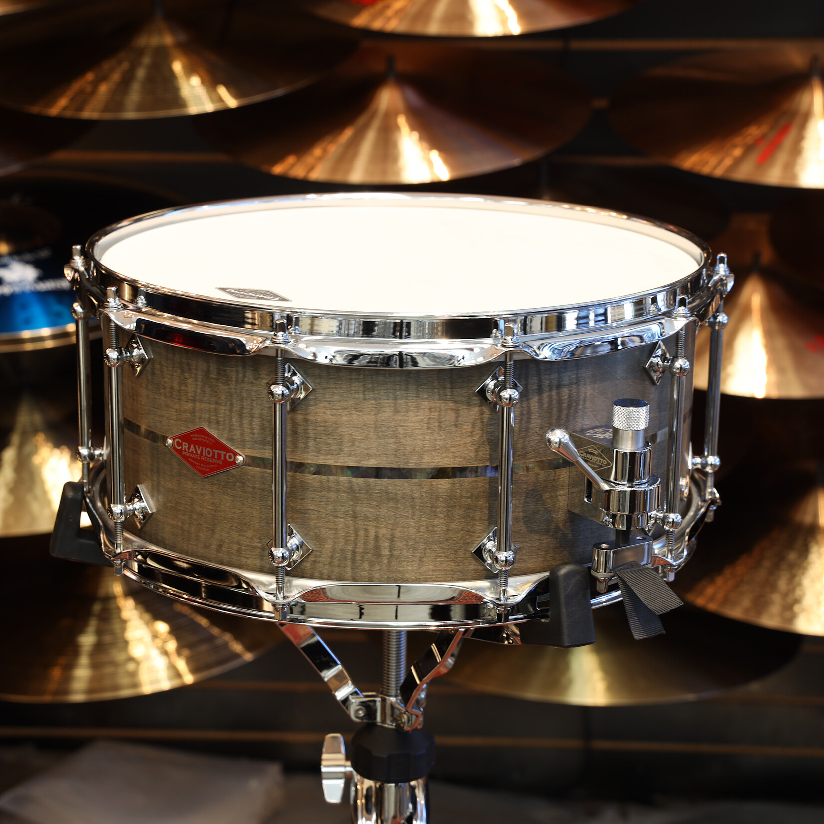 Craviotto Craviotto Private Reserve 6.5X14" Snare Drum Curly Maple w/Black Tahitian Pearl Abalone Inlay (Grey Stain Oil Finish - Lighter)