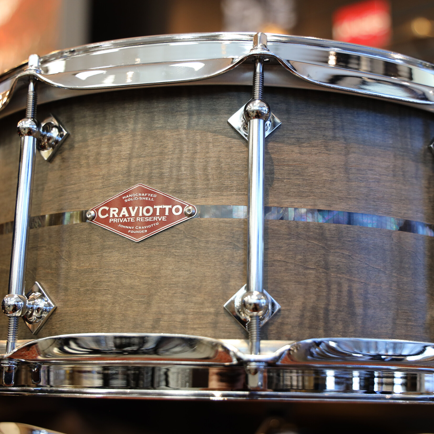 Craviotto Craviotto Private Reserve 6.5X14" Snare Drum Curly Maple w/Black Tahitian Pearl Abalone Inlay (Grey Stain Oil Finish - Lighter)