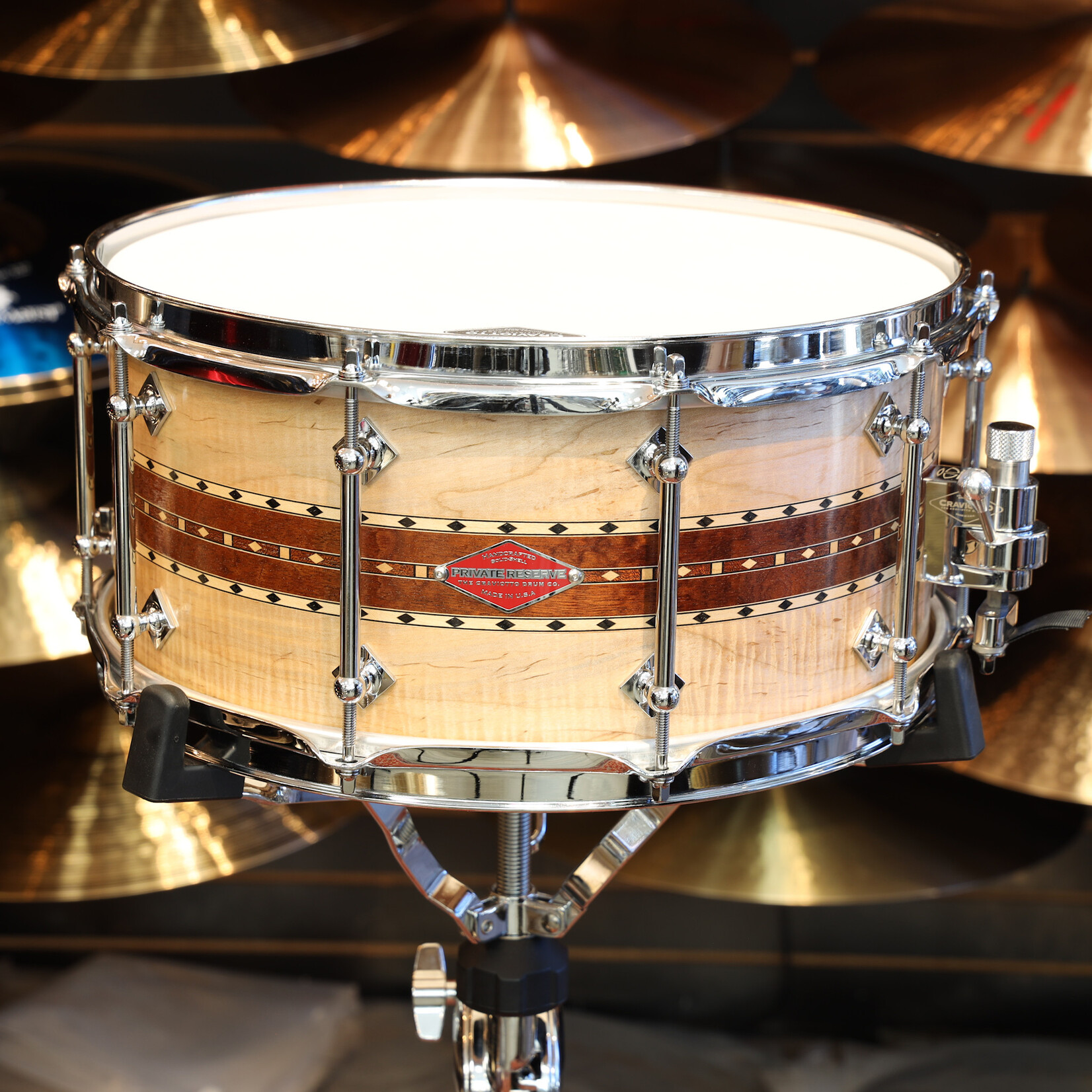Craviotto Craviotto Private Reserve 6.5X14" Snare Drum Curly Ambrosia/Sapele/Curly Ambrosia w/Maple/Walnut/Maple Inlay (Oil Finish)