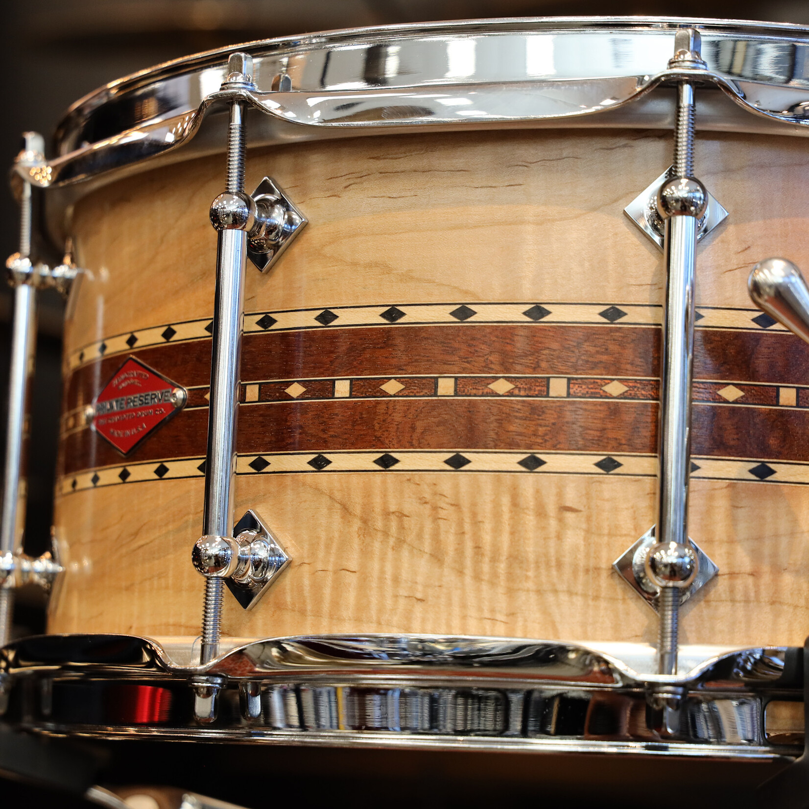Craviotto Craviotto Private Reserve 6.5X14" Snare Drum Curly Ambrosia/Sapele/Curly Ambrosia w/Maple/Walnut/Maple Inlay (Oil Finish)