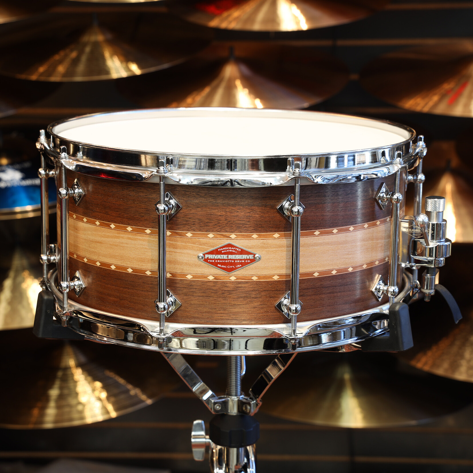 Craviotto Craviotto Private Reserve 6.5X14" Walnut/Sycamore/Walnut w/ Double Cherry Inlays (Oil Finish)