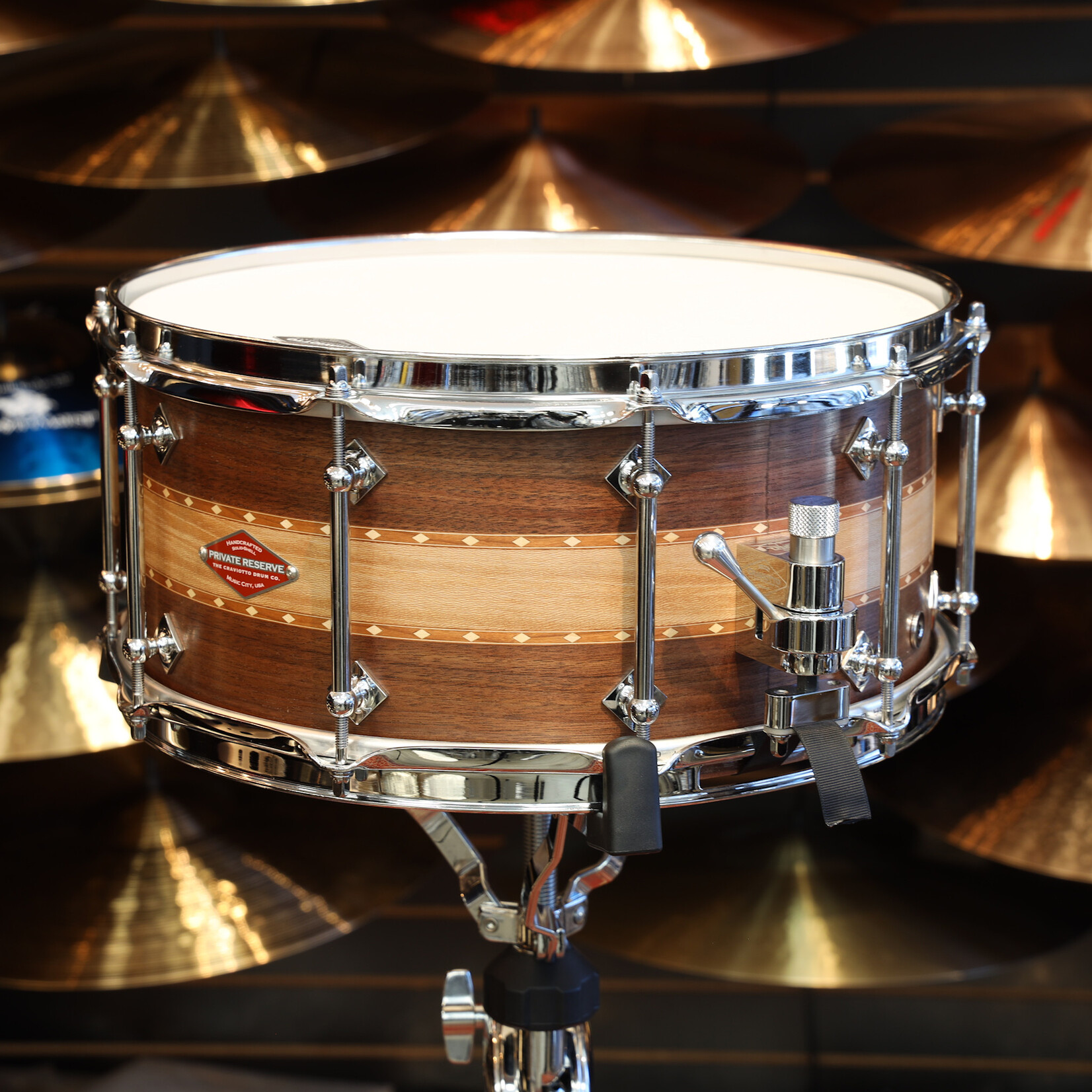Craviotto Craviotto Private Reserve 6.5X14" Walnut/Sycamore/Walnut w/ Double Cherry Inlays (Oil Finish)