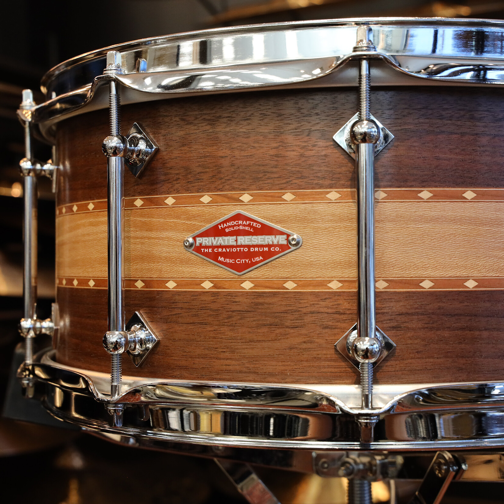 Craviotto Craviotto Private Reserve 6.5X14" Walnut/Sycamore/Walnut w/ Double Cherry Inlays (Oil Finish)