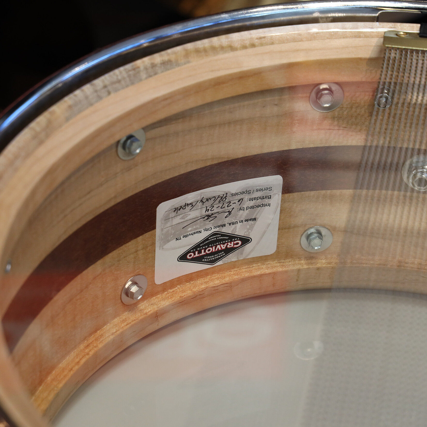 Craviotto Craviotto Private Reserve 6.5X14" Snare Drum Curly Ambrosia/Sapele/Curly Ambrosia w/Maple/Walnut/Maple Inlay (Oil Finish)