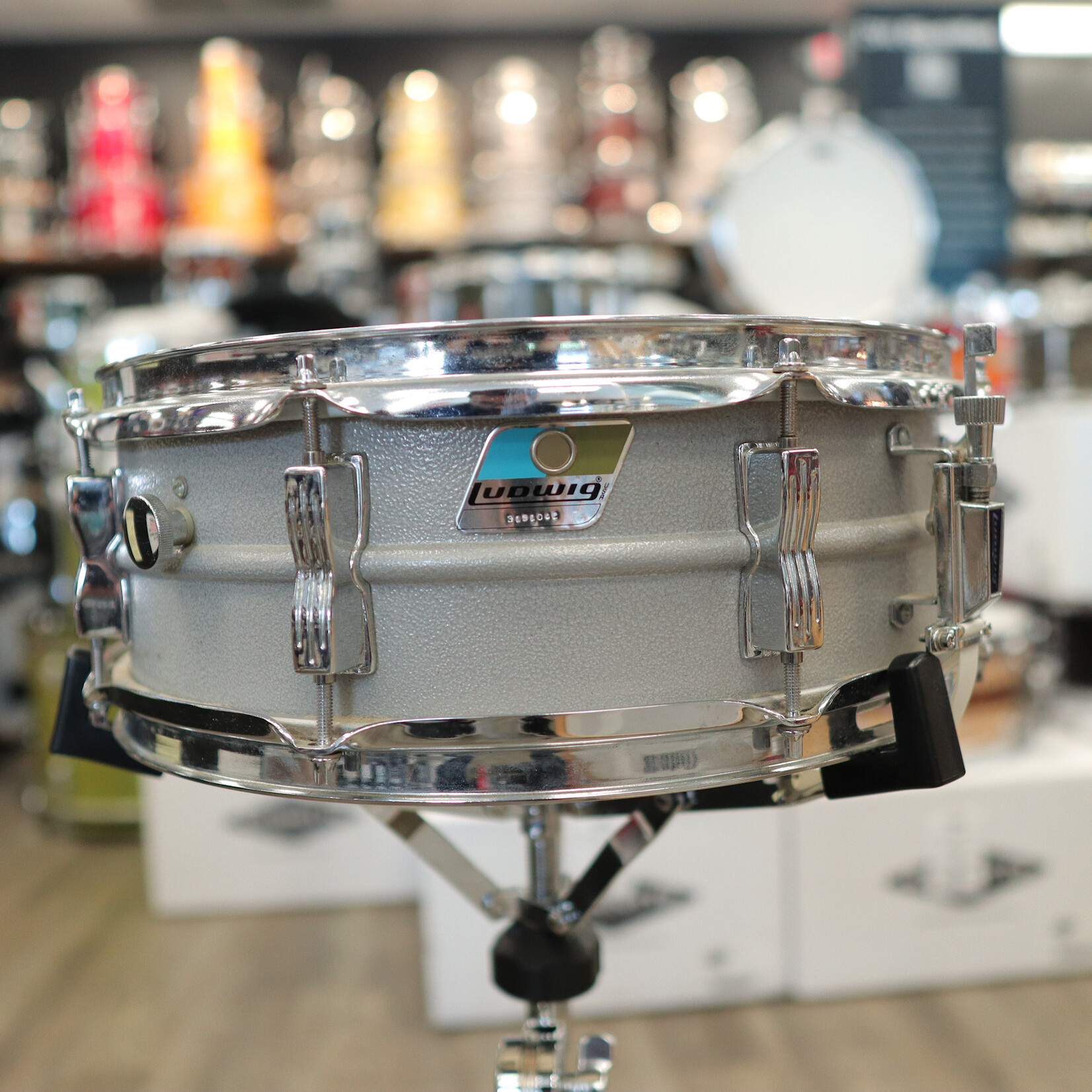 Ludwig Used Ludwig L-404 Acrolite Snare Drum 5x14" 8-Lug with Rounded Blue/Olive Badge (Orange Peel Gray) #2