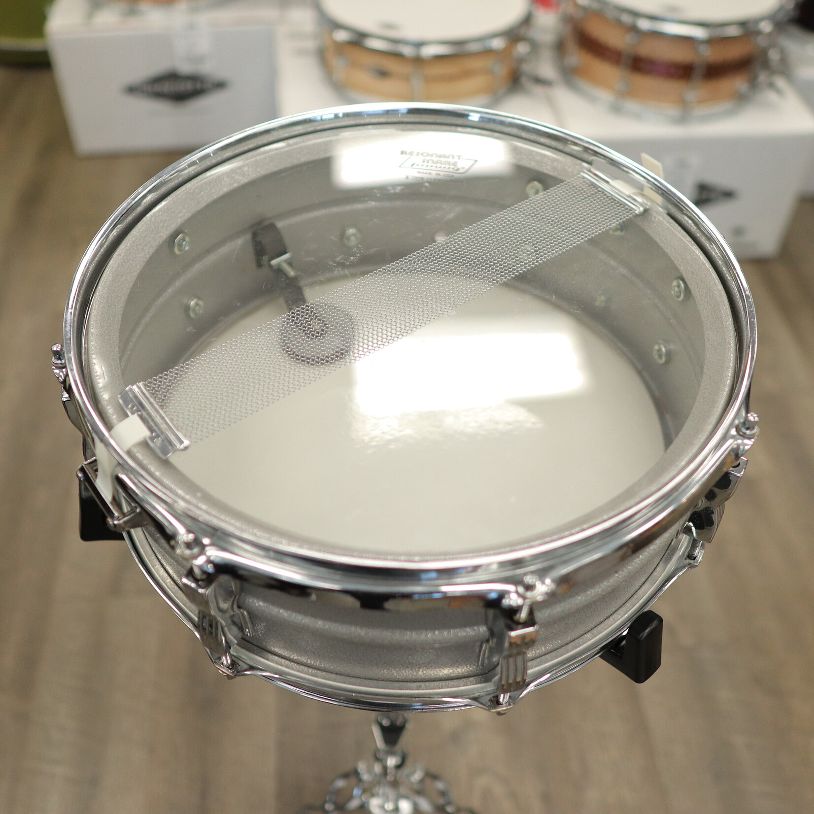 Ludwig Used Ludwig L-404 Acrolite Snare Drum 5x14" 8-Lug with Rounded Blue/Olive Badge (Orange Peel Gray) #2