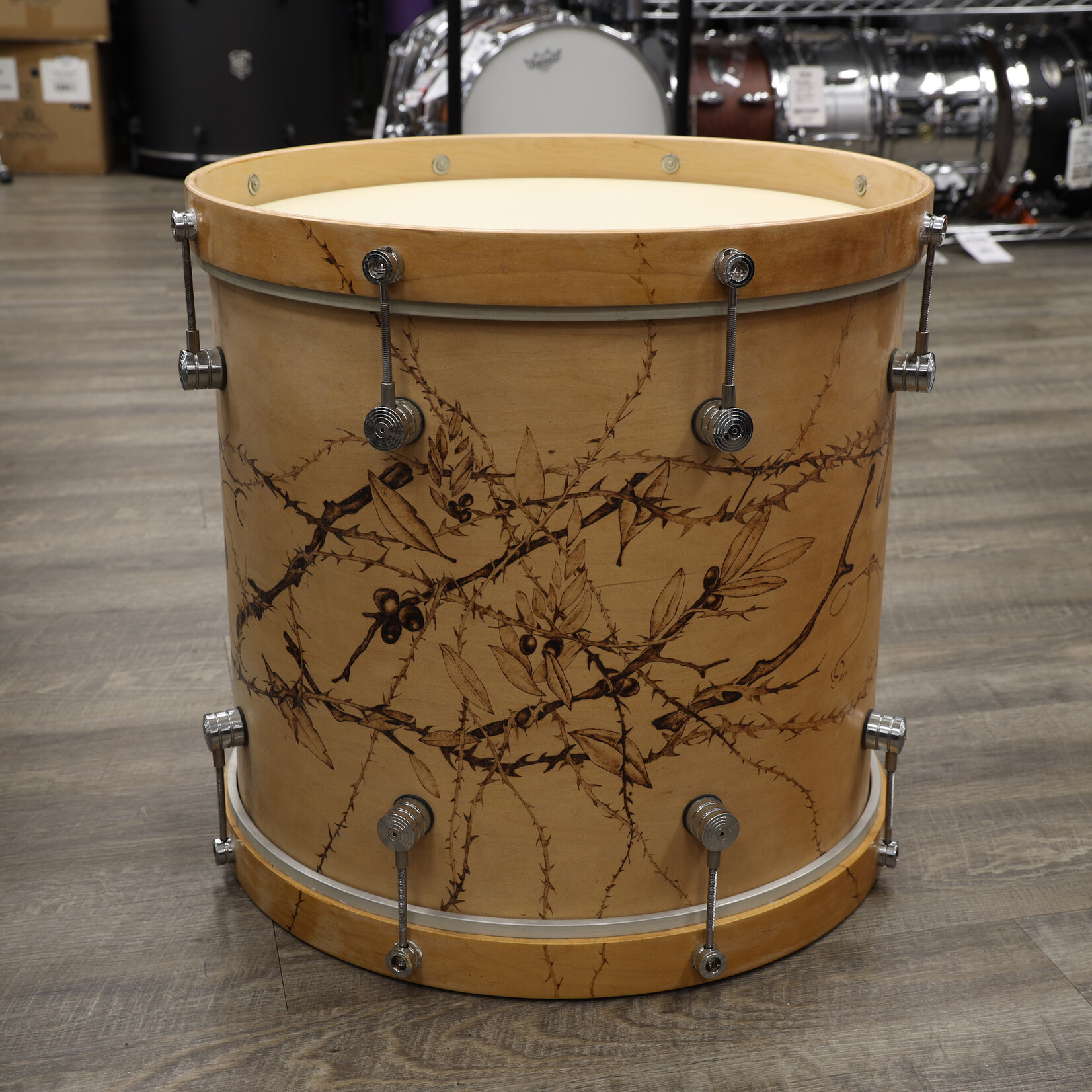 Unknown Used Unknown Maple Bass? Drum 16x18 Wood Burned Tree