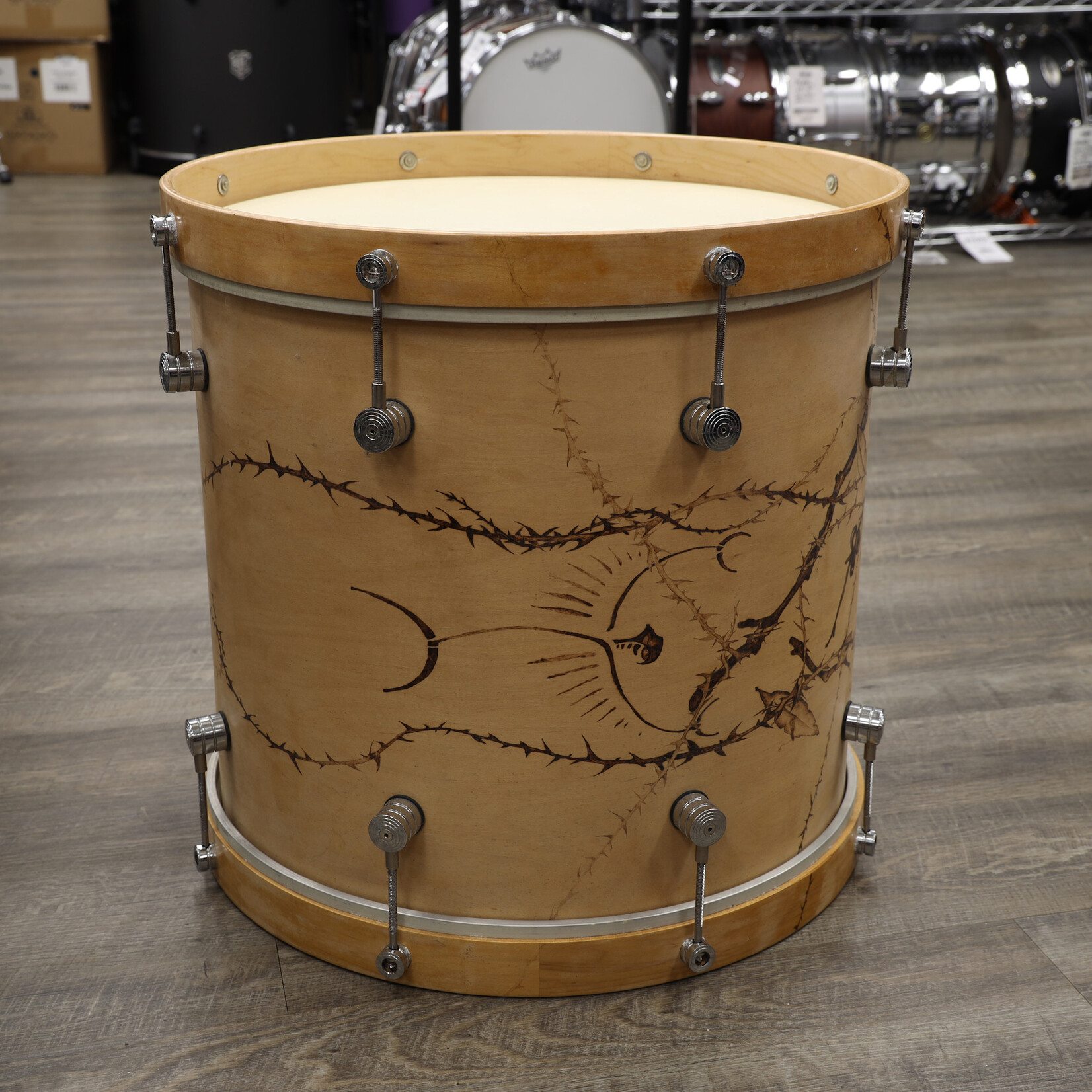 Unknown Used Unknown Maple Bass? Drum 16x18 Wood Burned Tree
