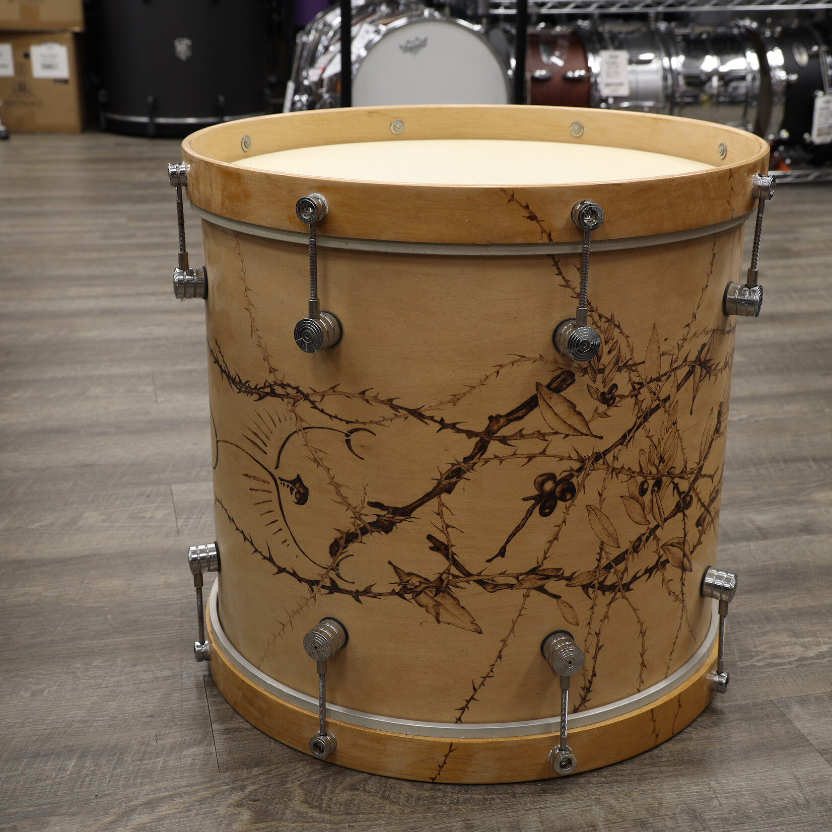 Unknown Used Unknown Maple Bass? Drum 16x18 Wood Burned Tree