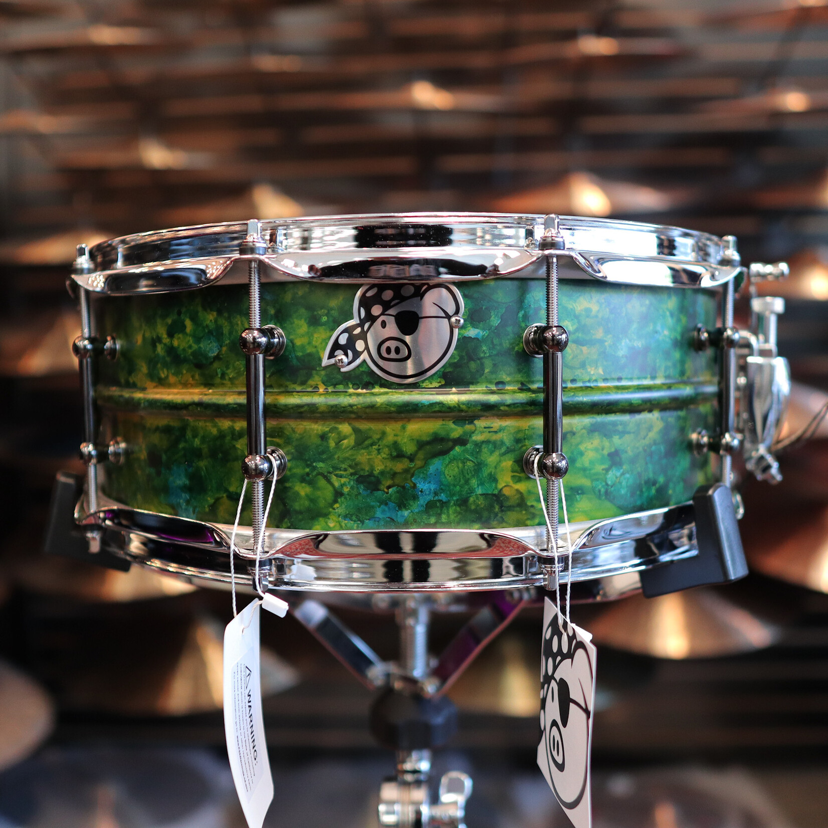 Pork Pie Pork Pie 5.5x14" Aluminum Snare Drum (Green Alcohol Ink w/ Black Chrome Tube Lugs)
