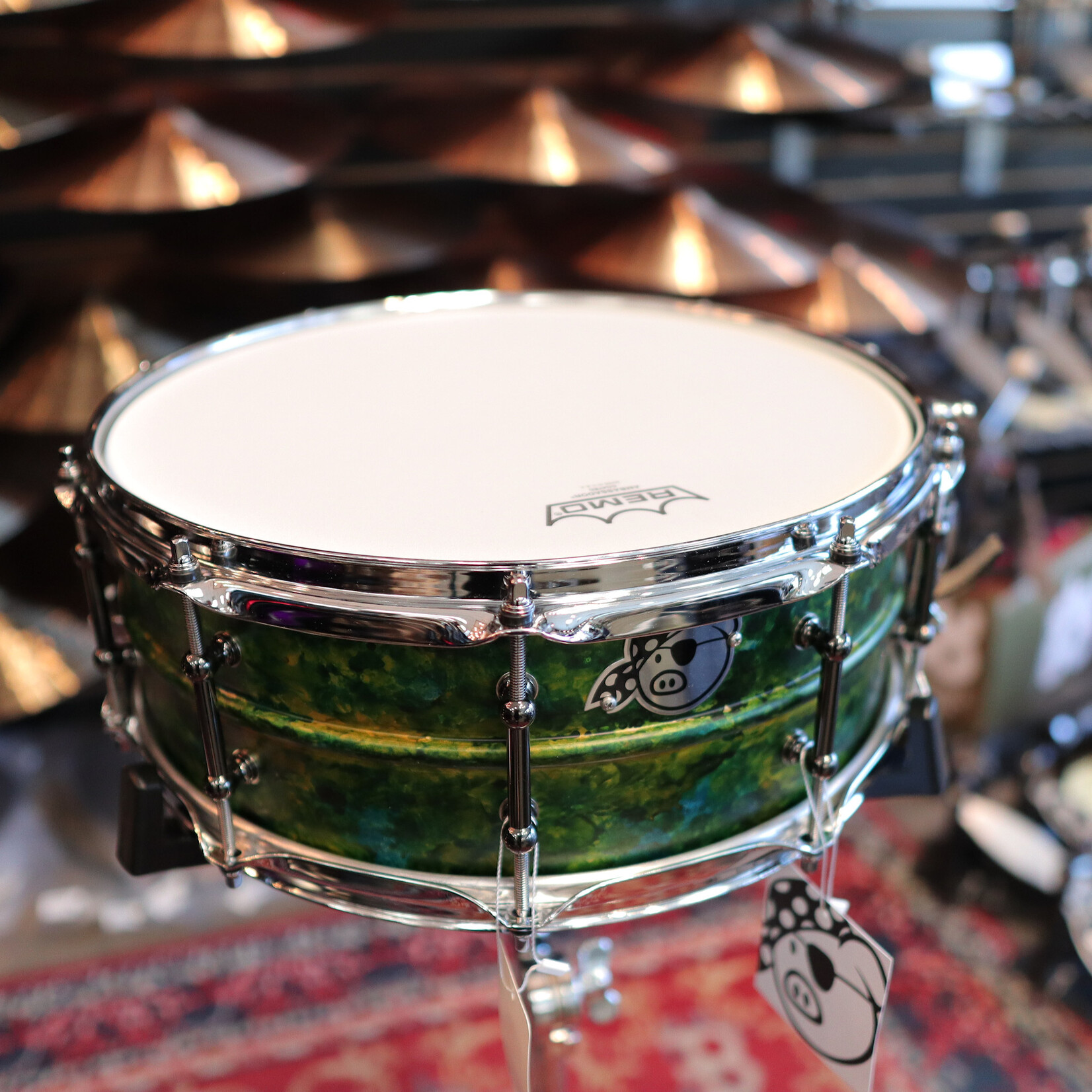Pork Pie Pork Pie 5.5x14" Aluminum Snare Drum (Green Alcohol Ink w/ Black Chrome Tube Lugs)