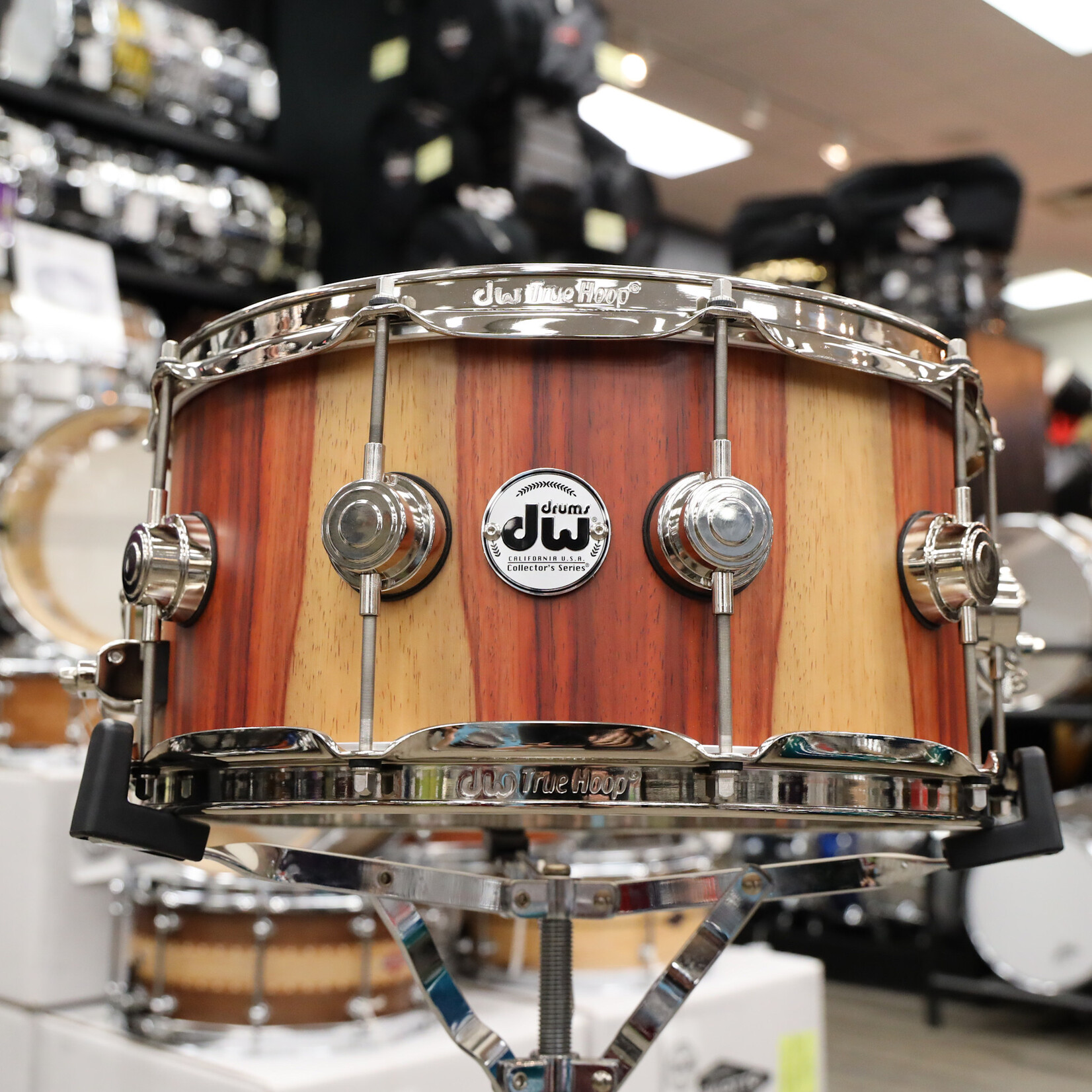 DW DW Collector's Series 6.5x14" Mahogany Purplecore Exotic Snare Drum (Natural Hard Satin over Candy Stripe Padauk w/ Nickel HW)