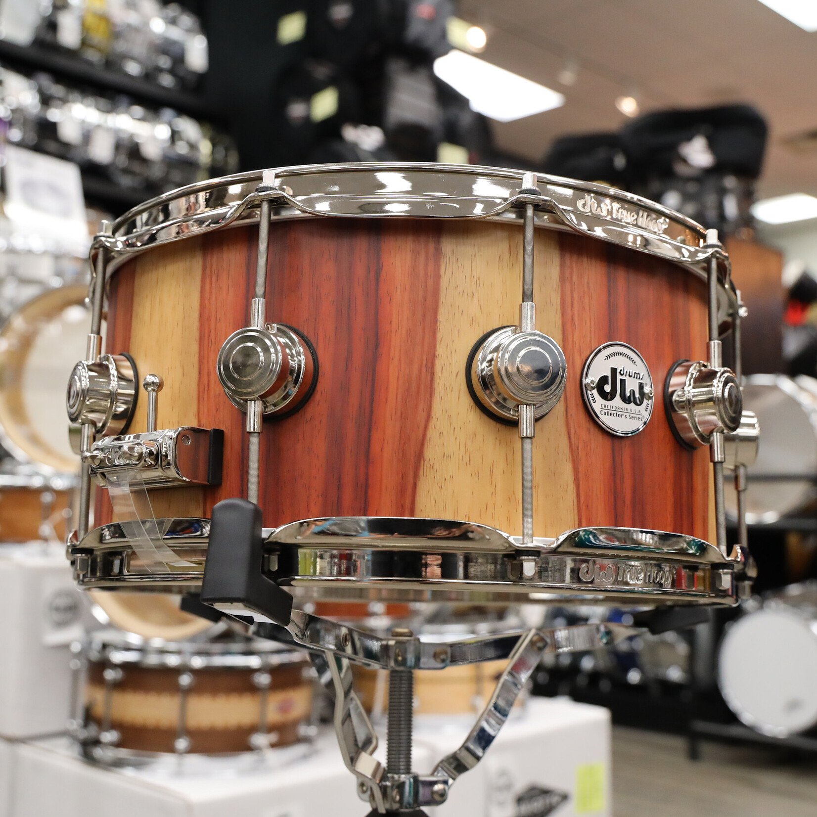 DW DW Collector's Series 6.5x14" Mahogany Purplecore Exotic Snare Drum (Natural Hard Satin over Candy Stripe Padauk w/ Nickel HW)
