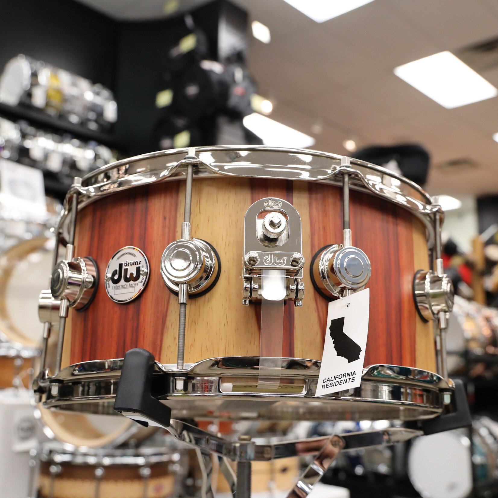 DW DW Collector's Series 6.5x14" Mahogany Purplecore Exotic Snare Drum (Natural Hard Satin over Candy Stripe Padauk w/ Nickel HW)