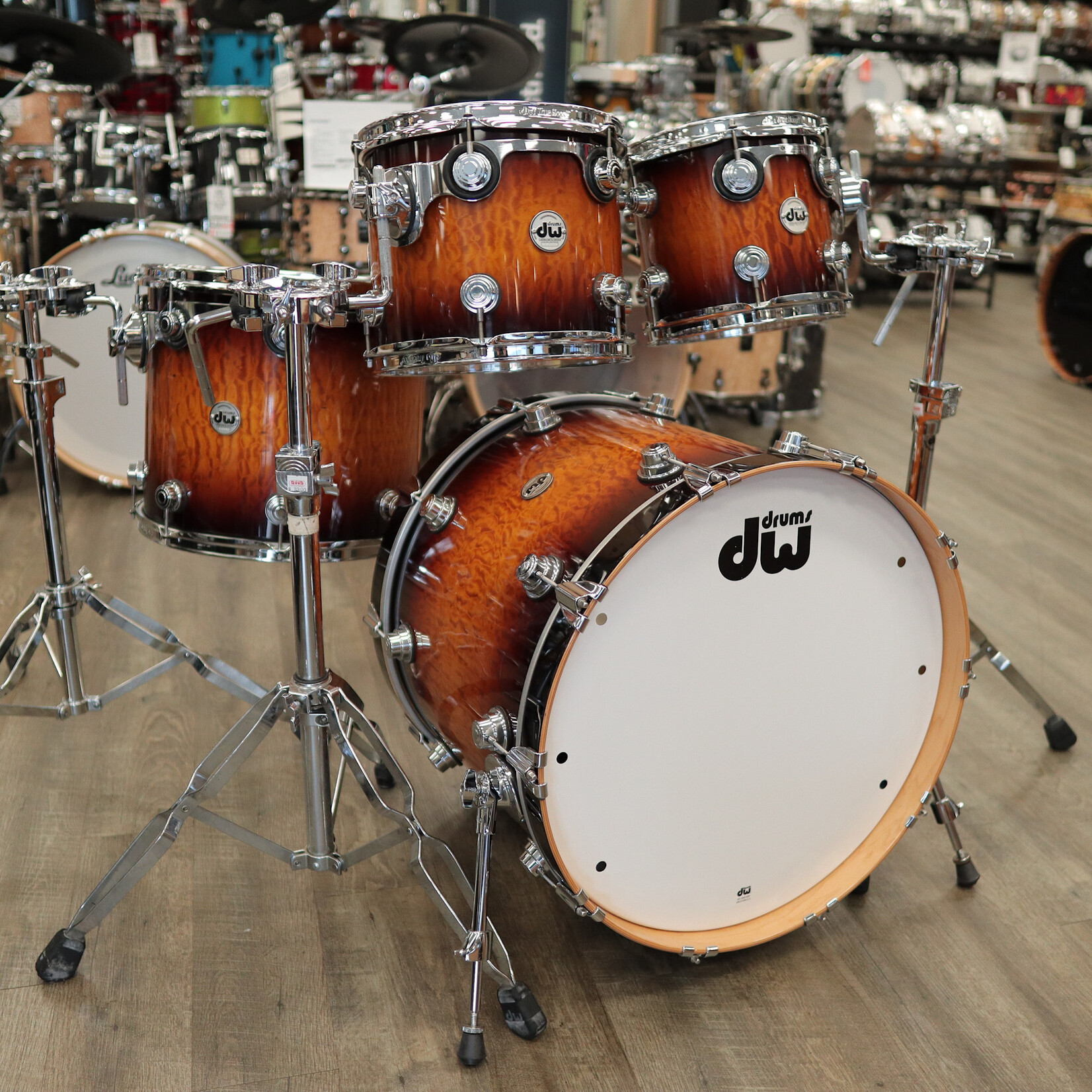 DW Pre-Owned DW Collector's Series Exotic "SSC" 4-Piece Shell Pack 10/12/16/22 (Amber to Rich Tobacco Burst Lacquer over Quilted Maple)