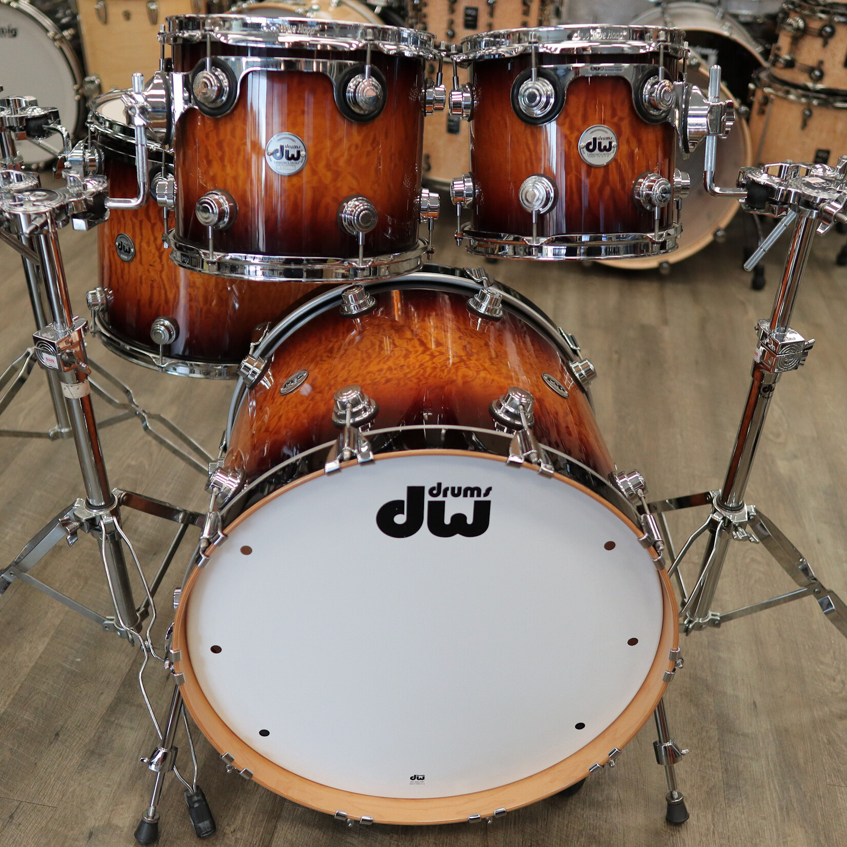 DW Pre-Owned DW Collector's Series Exotic "SSC" 4-Piece Shell Pack 10/12/16/22 (Amber to Rich Tobacco Burst Lacquer over Quilted Maple)