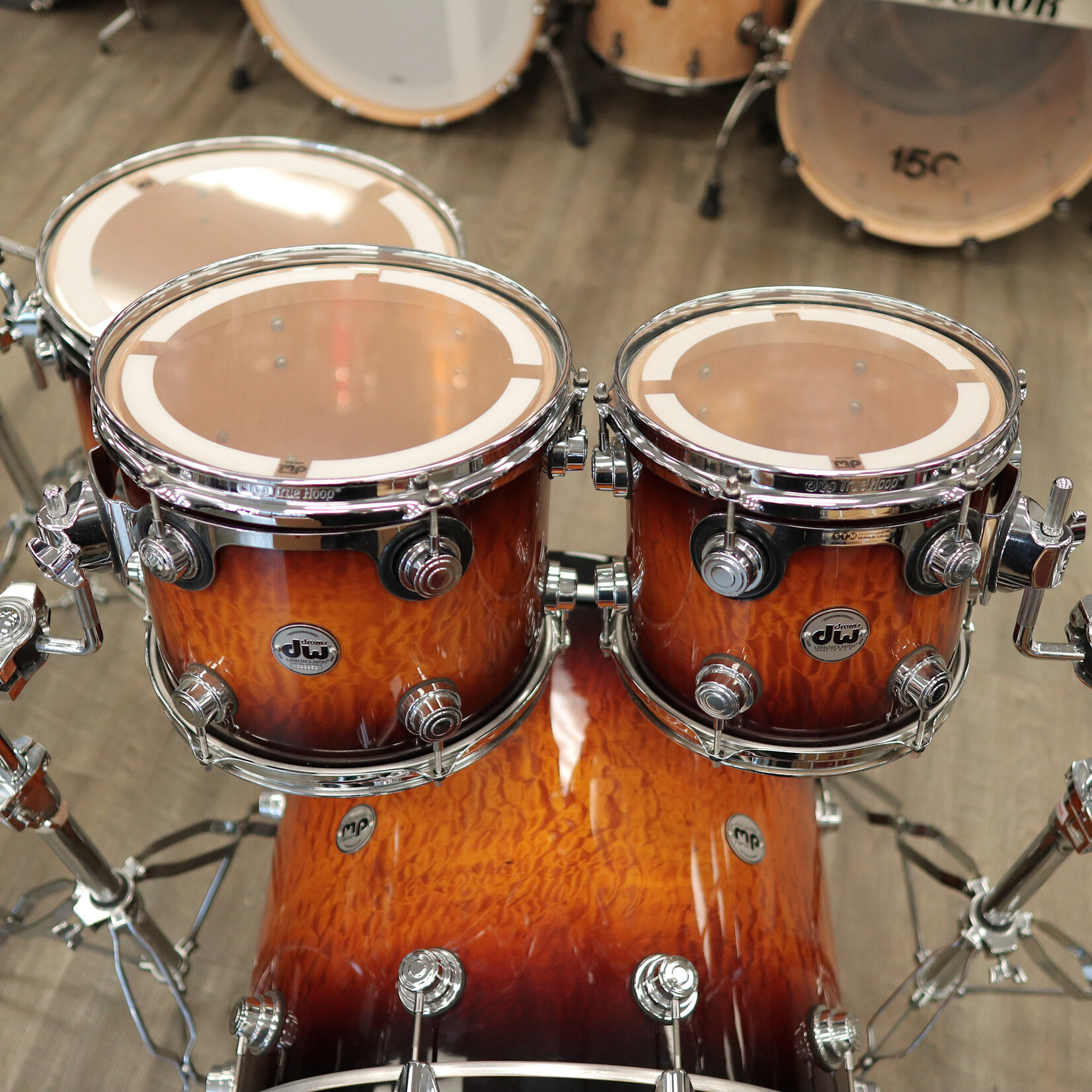 DW Pre-Owned DW Collector's Series Exotic "SSC" 4-Piece Shell Pack 10/12/16/22 (Amber to Rich Tobacco Burst Lacquer over Quilted Maple)