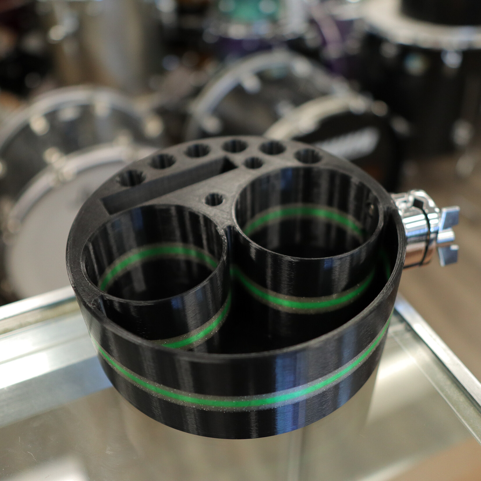 Deaf & Drum Deaf & Drum Drum Buddy Popeye - Dual Mount (Premium/Custom) - Black w/ Green/Silver Stripe
