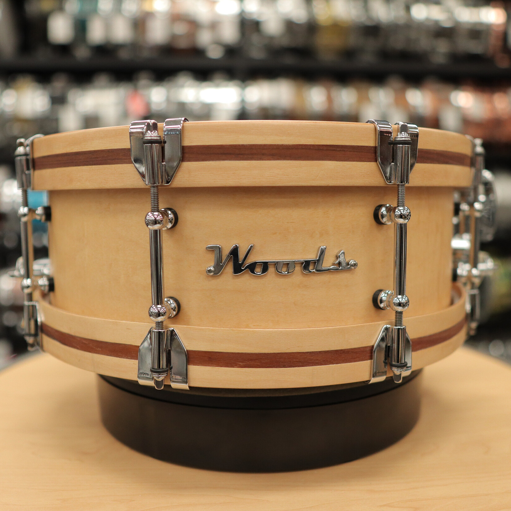 Woods Custom Drums Pre-Owned Woods Custom Drums 5.5x14" Maple/Mahogany Snare Drum w/ Rosewood Inlay & Hybrid Wood Metal Hoops