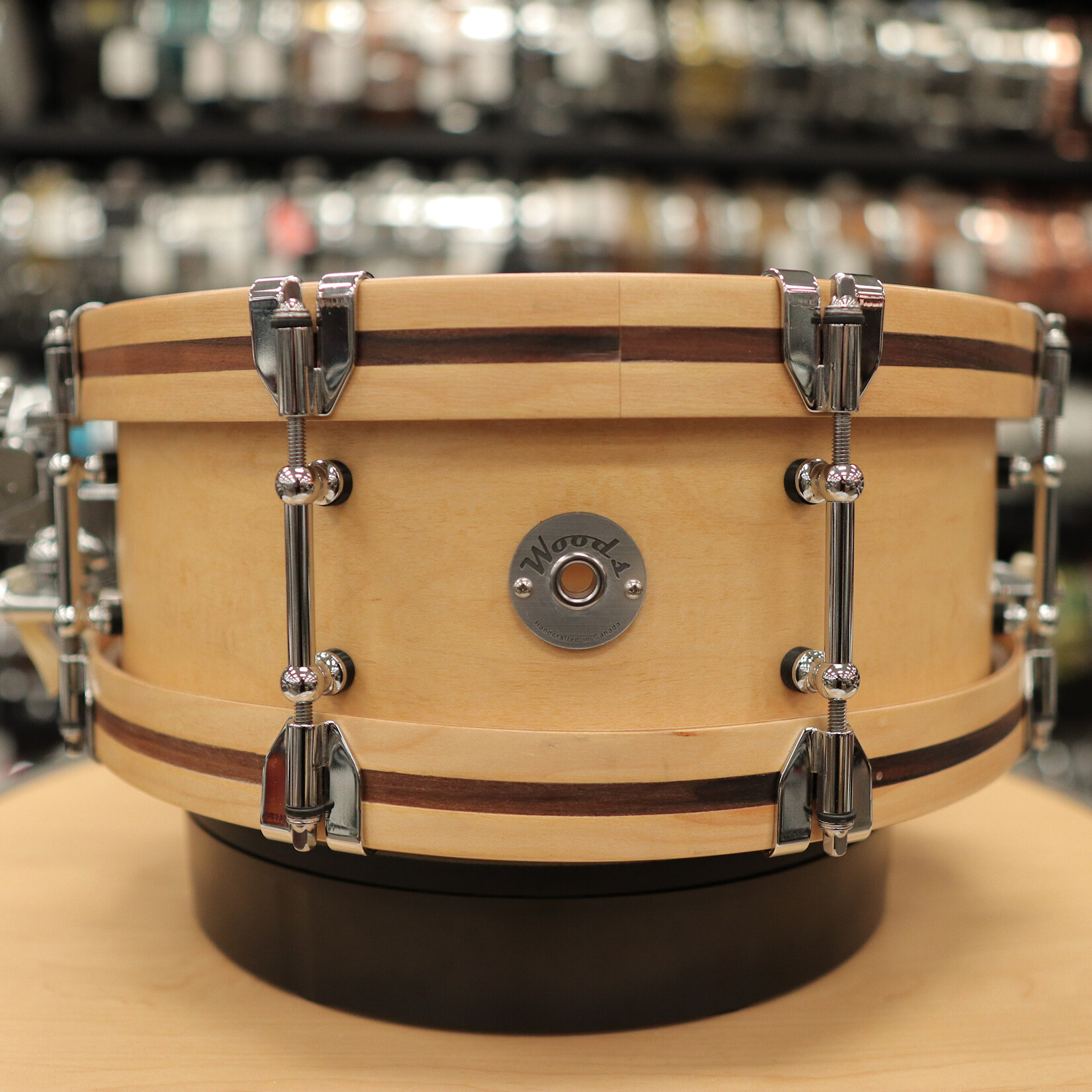 Woods Custom Drums Pre-Owned Woods Custom Drums 5.5x14" Maple/Mahogany Snare Drum w/ Rosewood Inlay & Hybrid Wood Metal Hoops