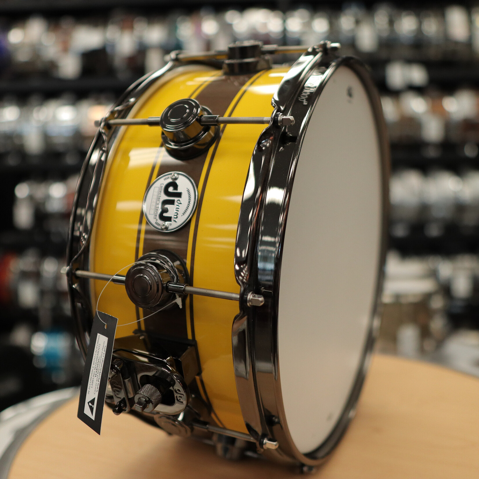 DW DW Collector's Maple/Mahogany Exotic 6.5x14" Snare Drum (Inca Gold Pearlescent w/ Kandy Black Rally Stripes & Black Nickel Hardware)