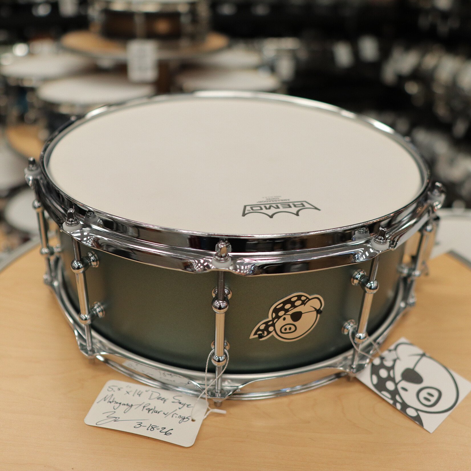 Pork Pie Pork Pie 5.5x14" Mahogany Hybrid Snare Drum with Tube Lugs (Deep Sage Metallic)