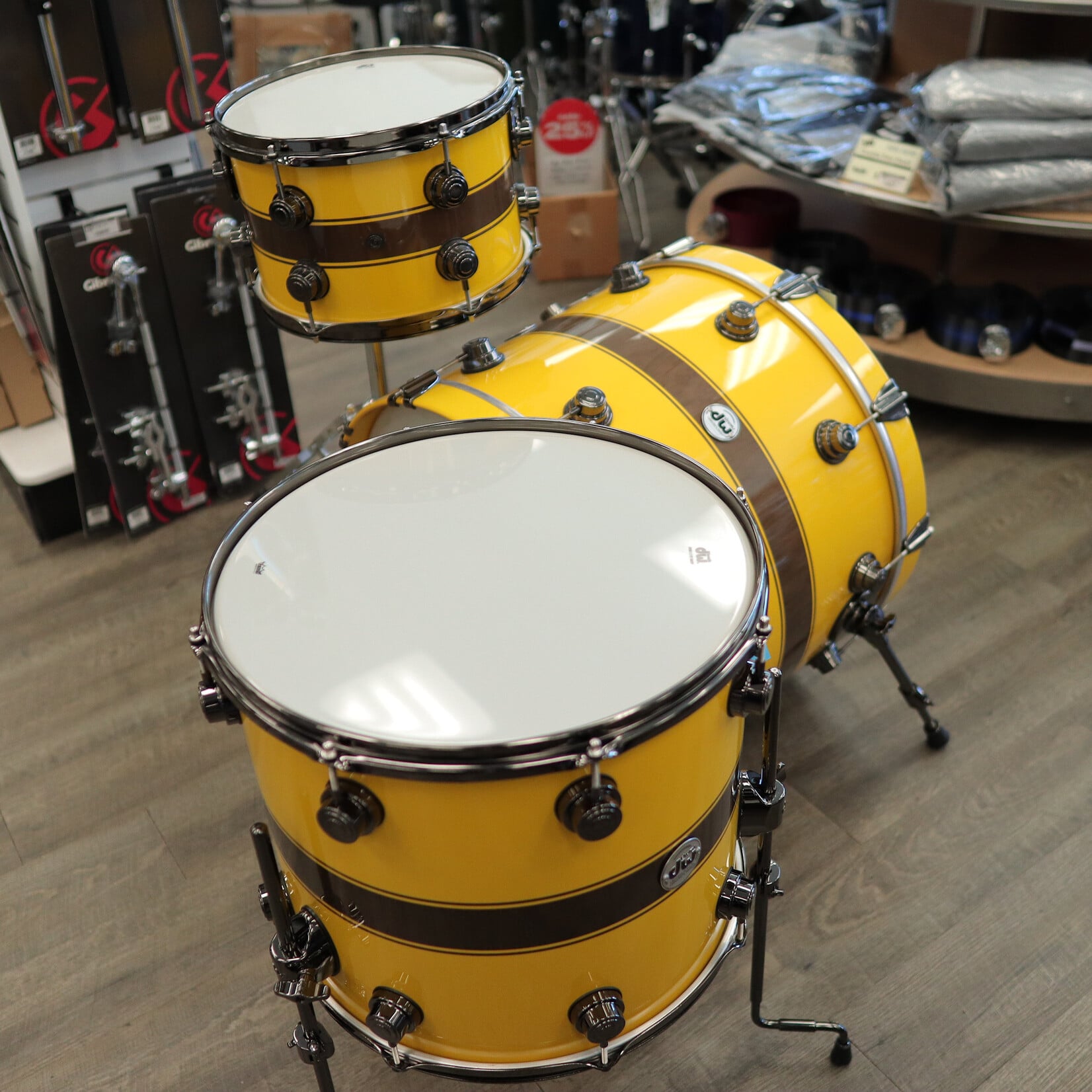 DW Demo DW Collector's Maple/Mahogany Exotic 3-Piece Shell Pack 12/16/22 (Inca Gold Pearlescent w/ Kandy Black Rally Stripes & Black Nickel Hardware)