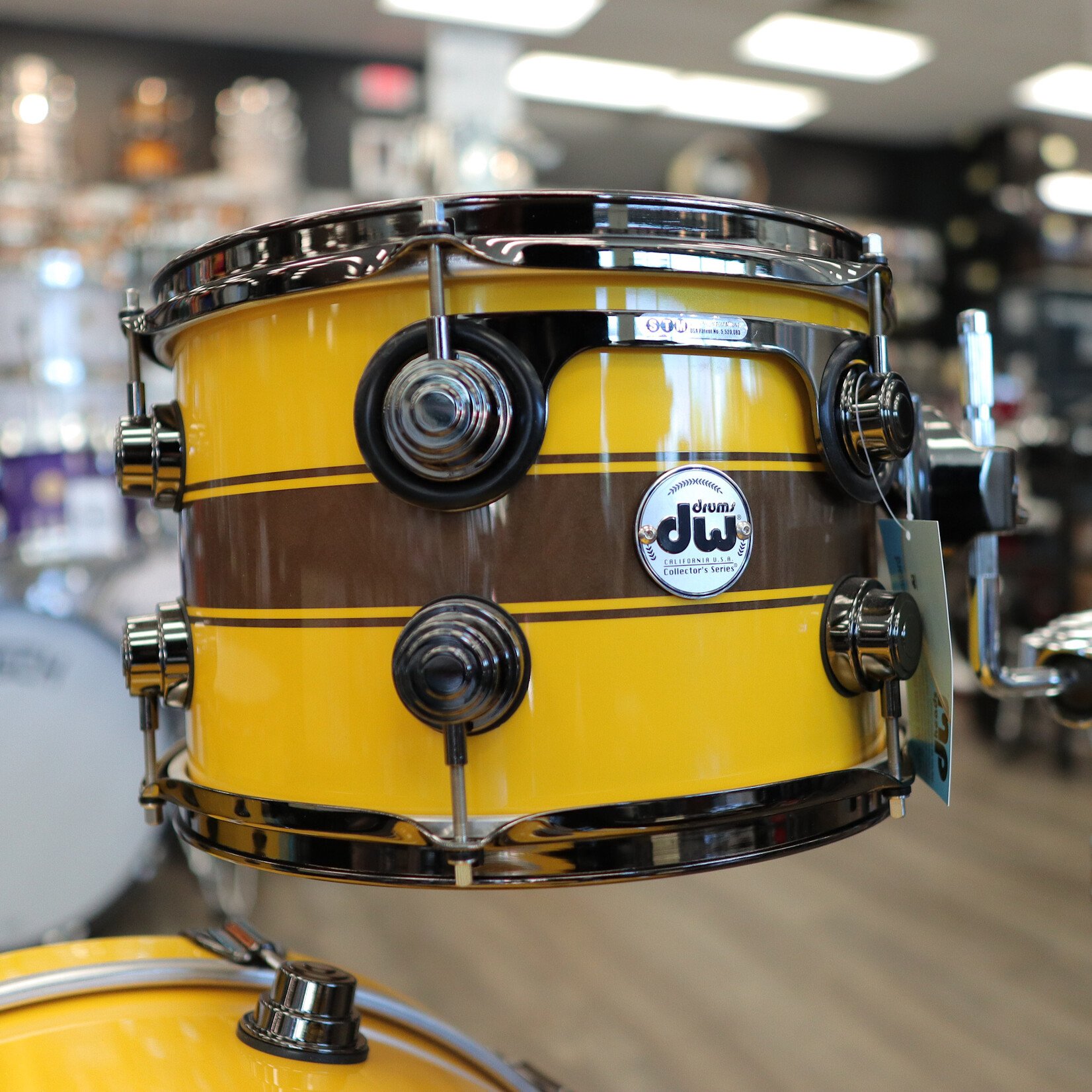 DW Demo DW Collector's Maple/Mahogany Exotic 3-Piece Shell Pack 12/16/22 (Inca Gold Pearlescent w/ Kandy Black Rally Stripes & Black Nickel Hardware)