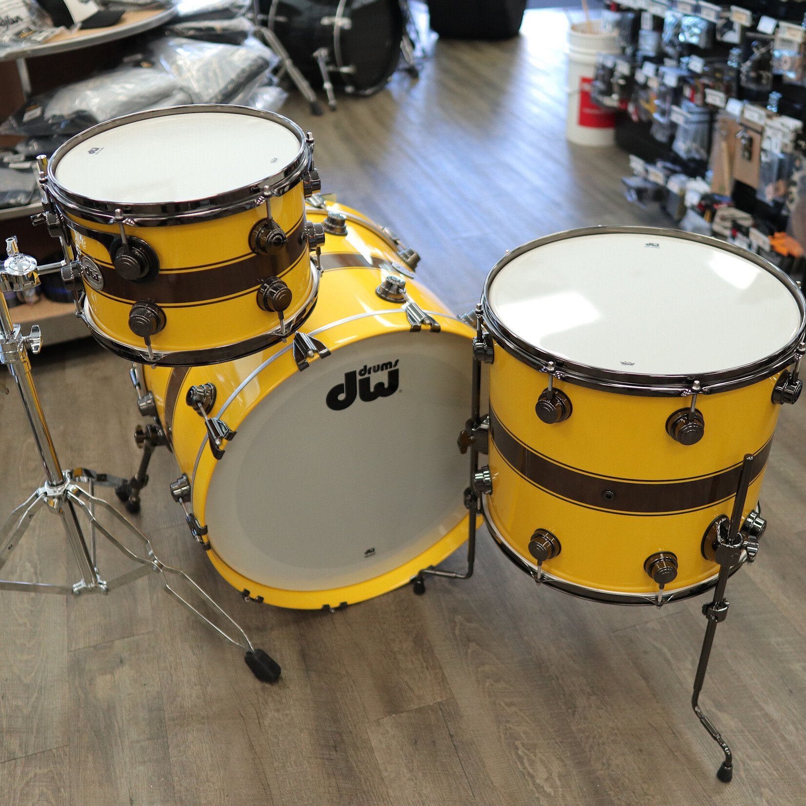 DW Demo DW Collector's Maple/Mahogany Exotic 3-Piece Shell Pack 12/16/22 (Inca Gold Pearlescent w/ Kandy Black Rally Stripes & Black Nickel Hardware)