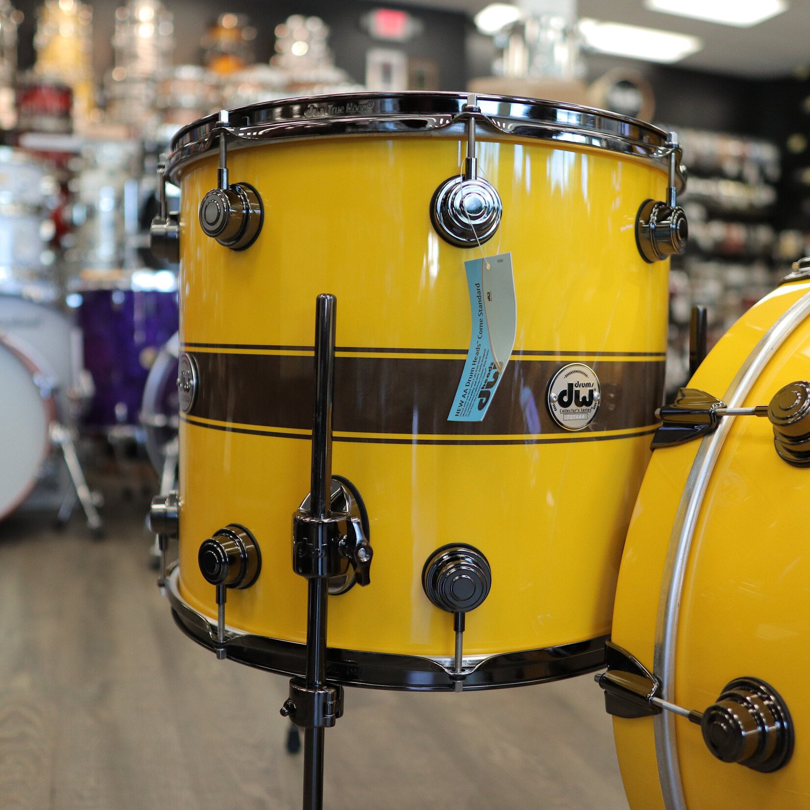 DW Demo DW Collector's Maple/Mahogany Exotic 3-Piece Shell Pack 12/16/22 (Inca Gold Pearlescent w/ Kandy Black Rally Stripes & Black Nickel Hardware)