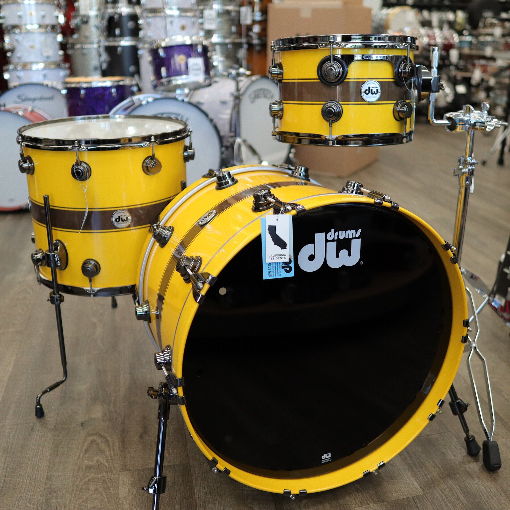 DW Demo DW Collector's Maple/Mahogany Exotic 3-Piece Shell Pack 12/16/22 (Inca Gold Pearlescent w/ Kandy Black Rally Stripes & Black Nickel Hardware)