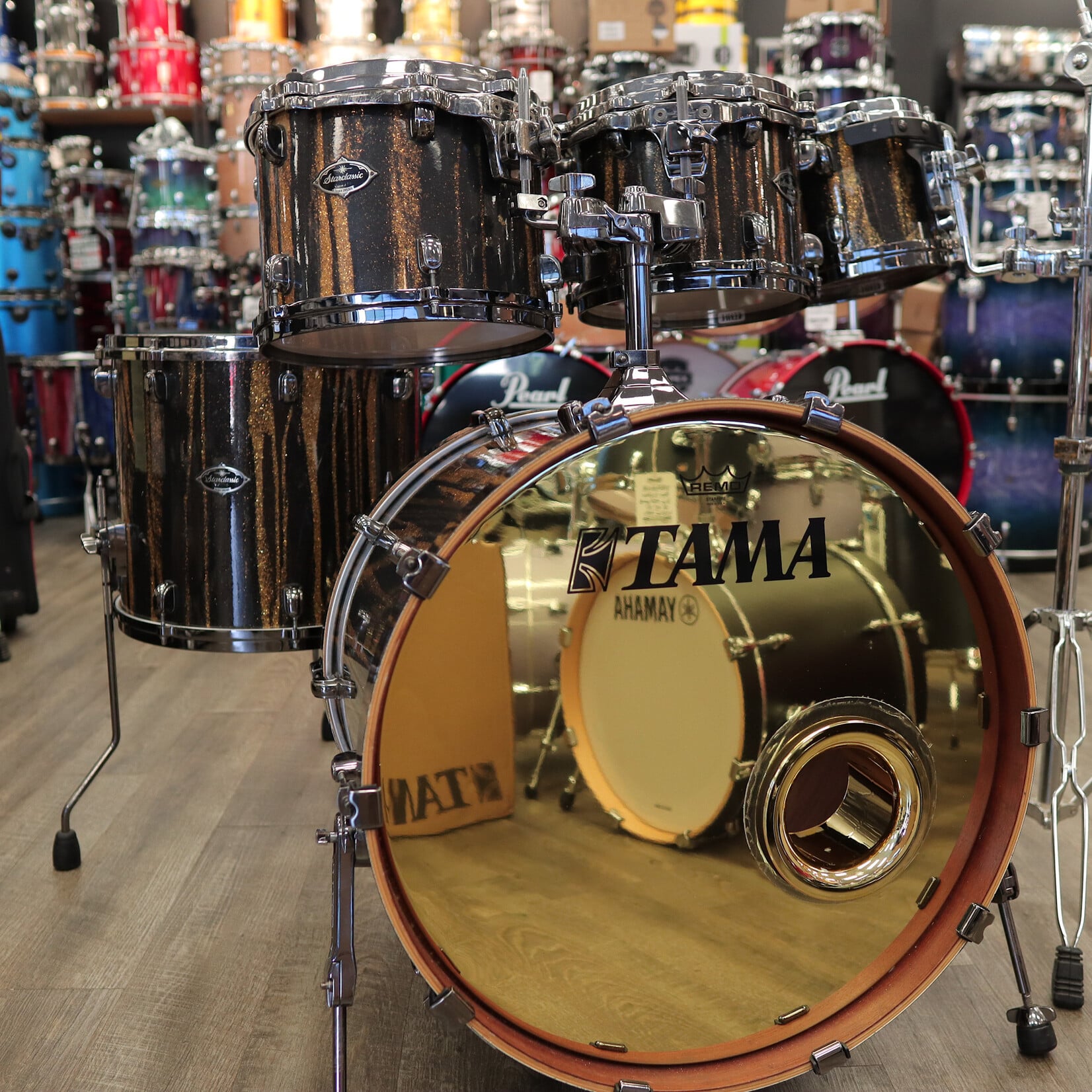 Tama Pre-Owned Tama Starclassic Birch/ Bubinga 5-Piece Shell Pack 8/10/12/16/22 (Yellowed "Black Clouds Silver Linings" Wrap)