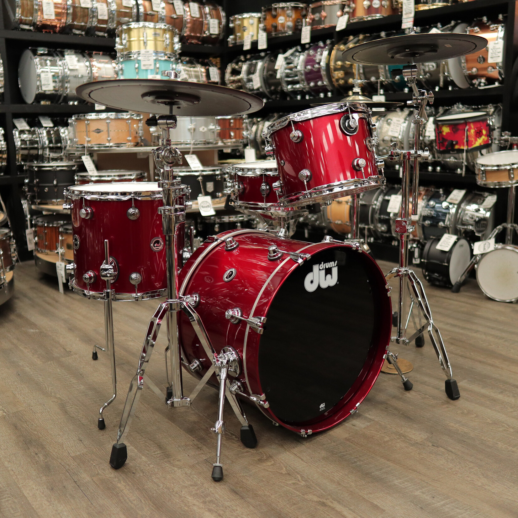 DW Demo DWe 4-PC Kit Bundle 20/12/14/14sn w/ 3 Cymbal Pack and Hardware Pack (Black Cherry Metallic Lacquer)