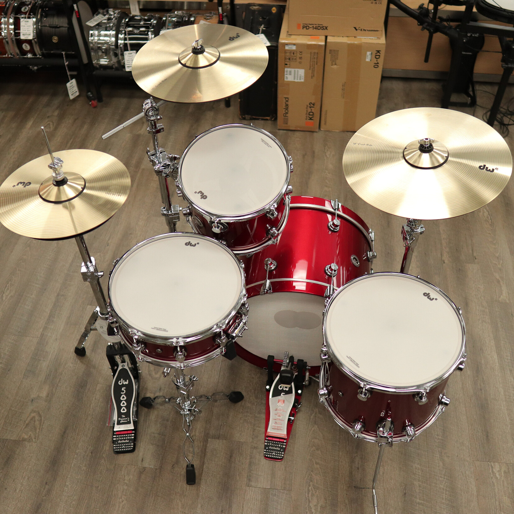 DW Demo DWe 4-PC Kit Bundle 20/12/14/14sn w/ 3 Cymbal Pack and Hardware Pack (Black Cherry Metallic Lacquer)