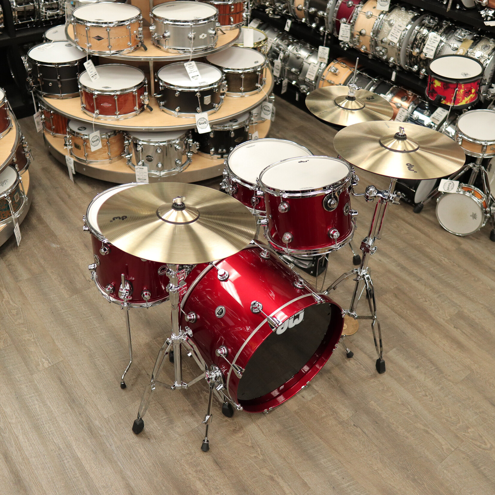 DW Demo DWe 4-PC Kit Bundle 20/12/14/14sn w/ 3 Cymbal Pack and Hardware Pack (Black Cherry Metallic Lacquer)