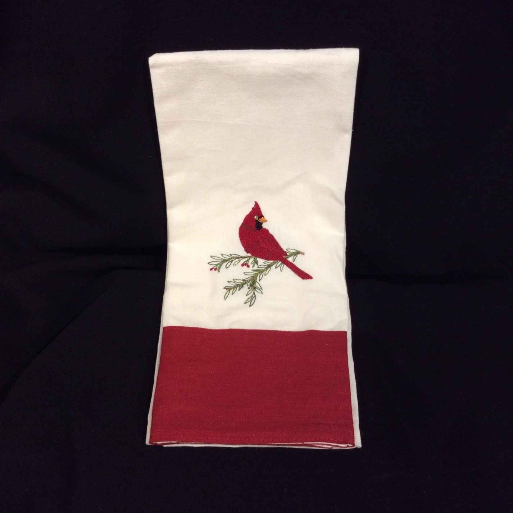 **Cardinal Pine Embroidered Tea Towel