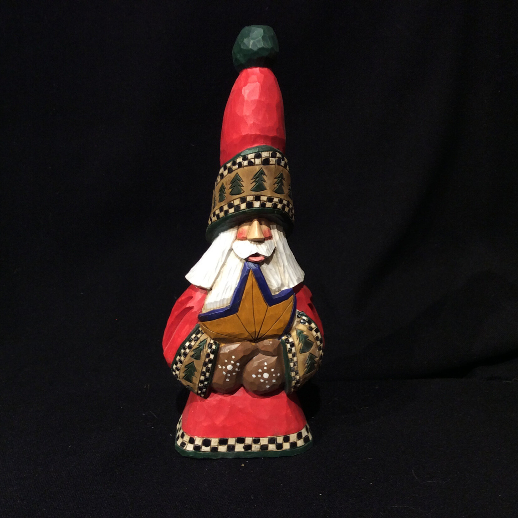 9" Carved Santa w/Checkerboard Trim