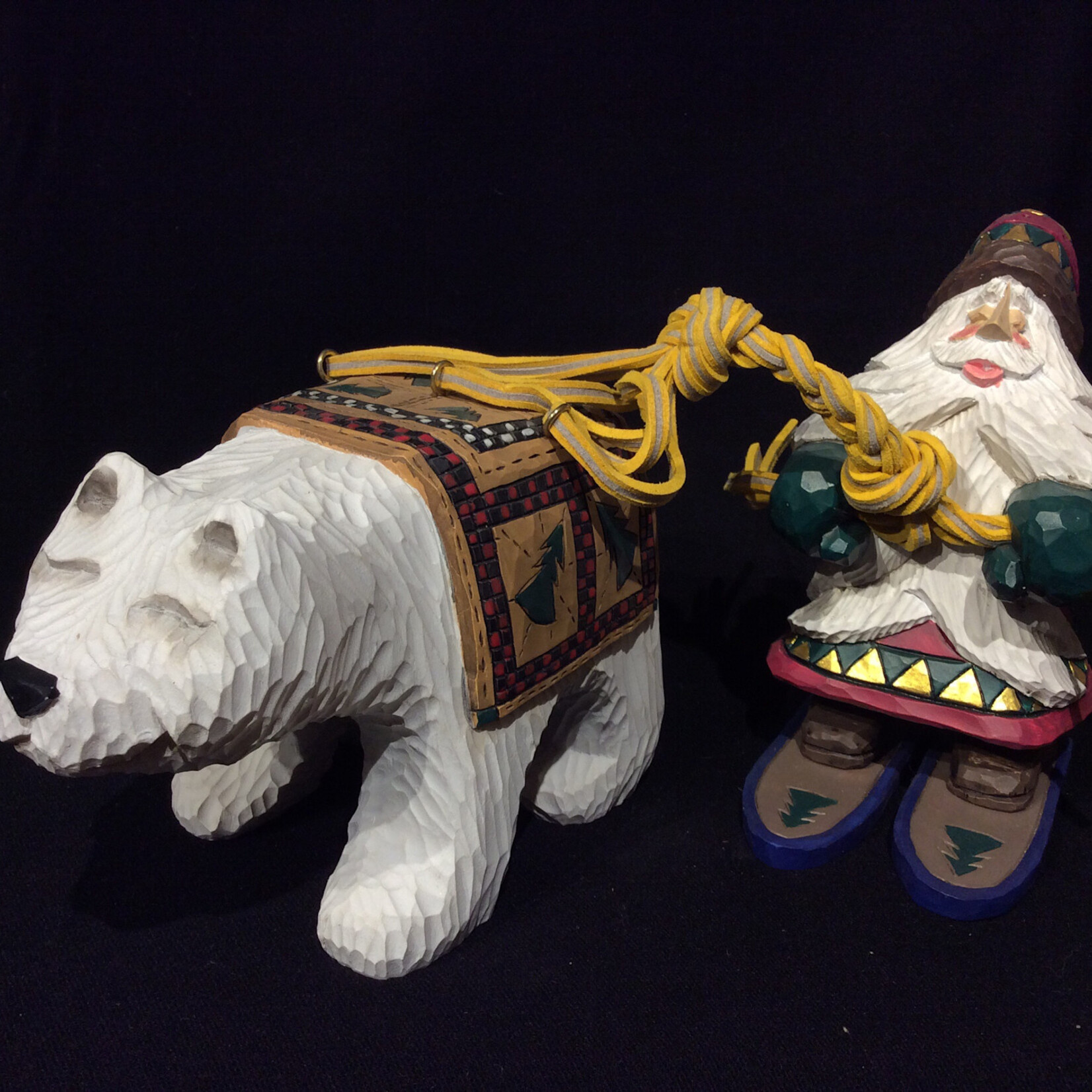 6" Carved Skiing Santa w/Polar Bear