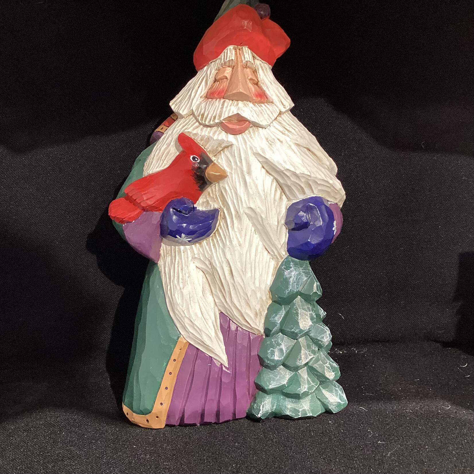 9" Carved Santa w/Cardinal