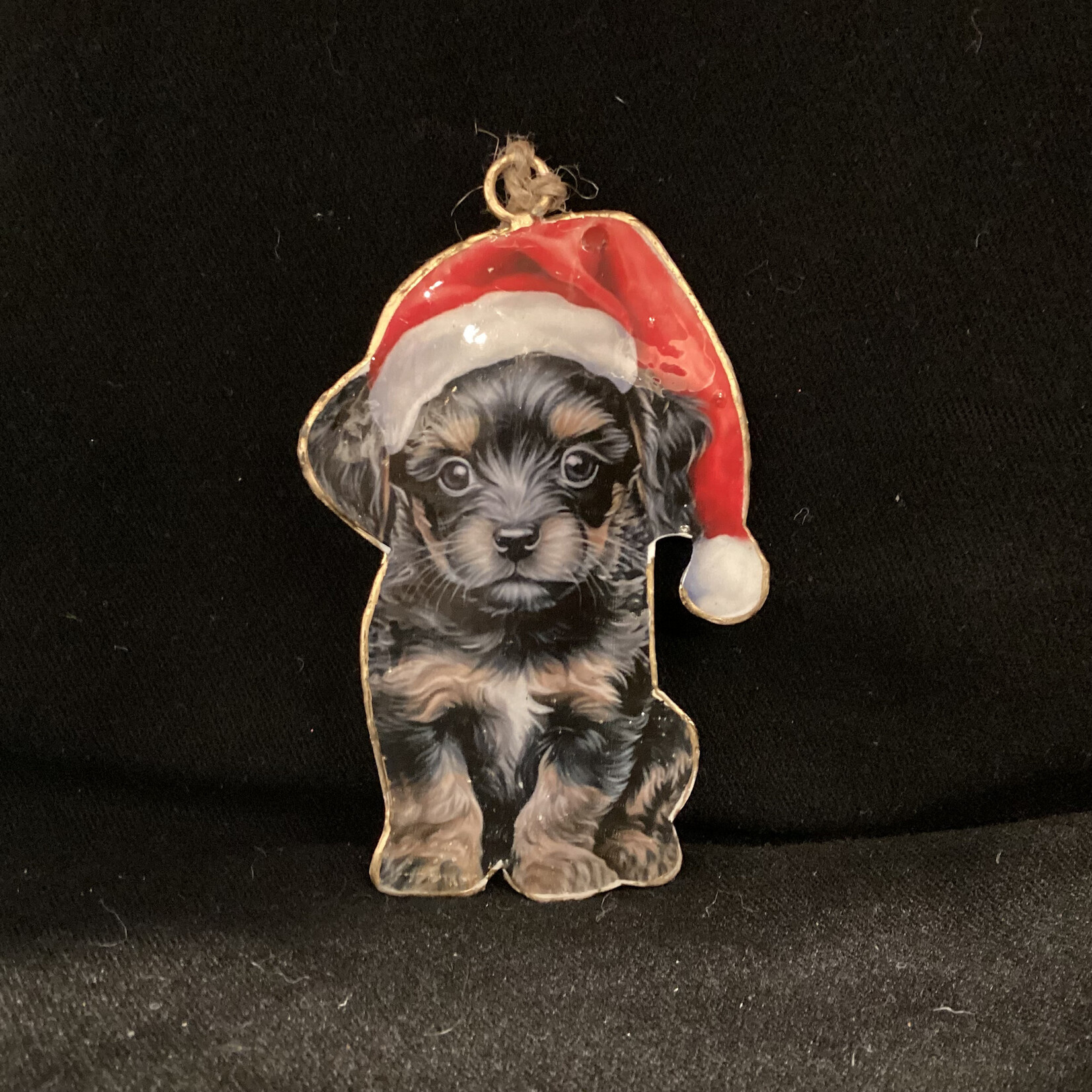 Metal Black Puppy w/Santa Hat Orn