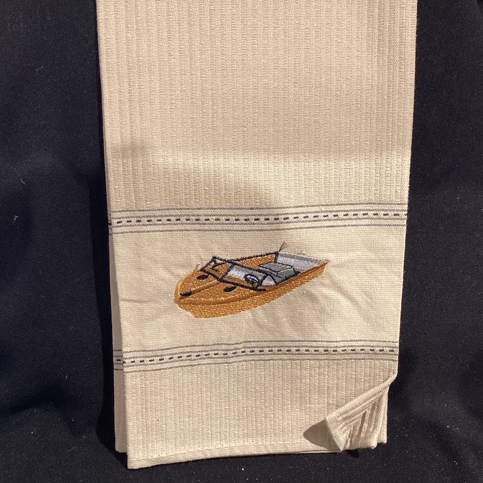 Taupe Tea Towel w/Motor Boat
