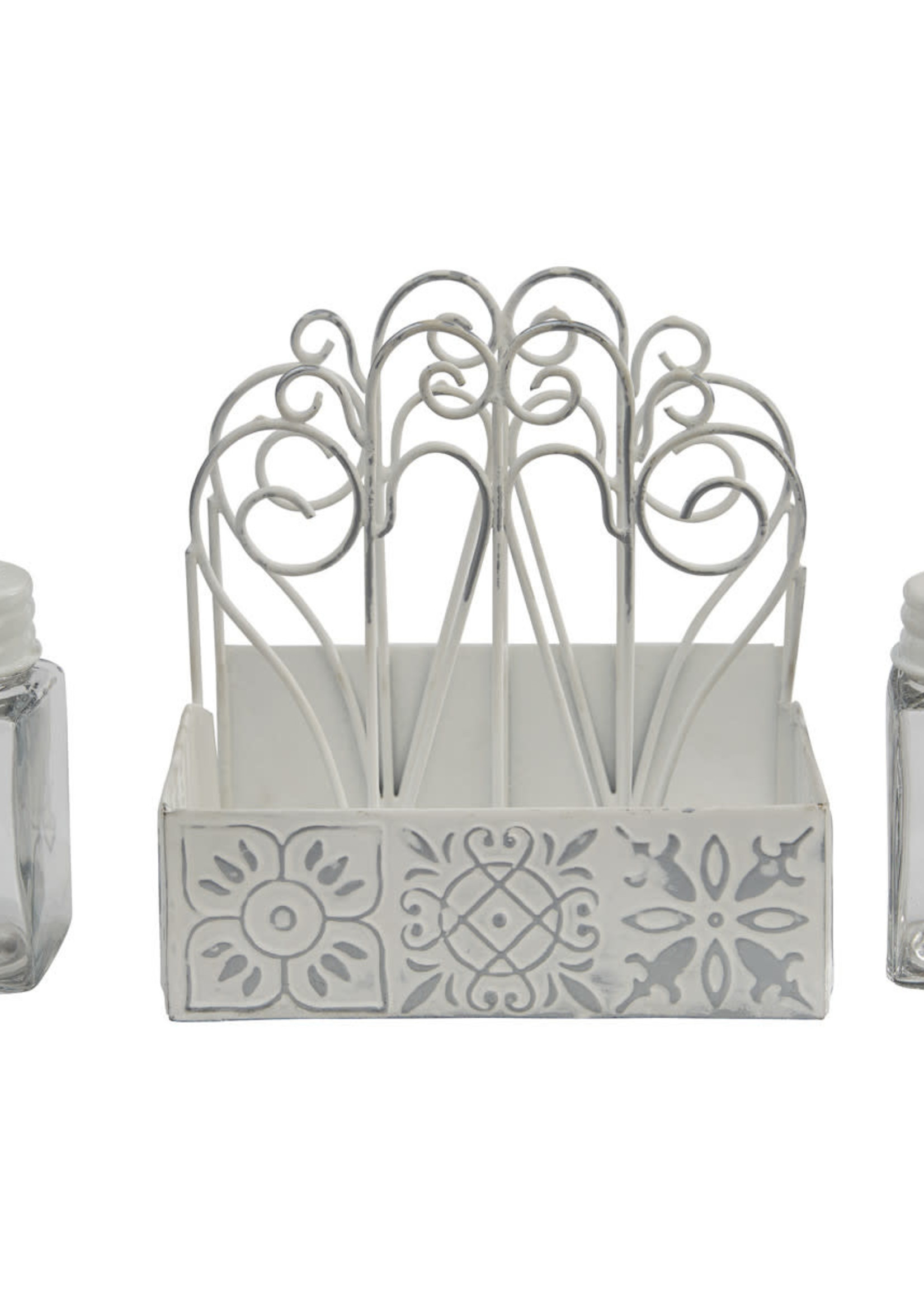 *White Distressed Tile Napkin Holder w/Salt & Pepper-Park