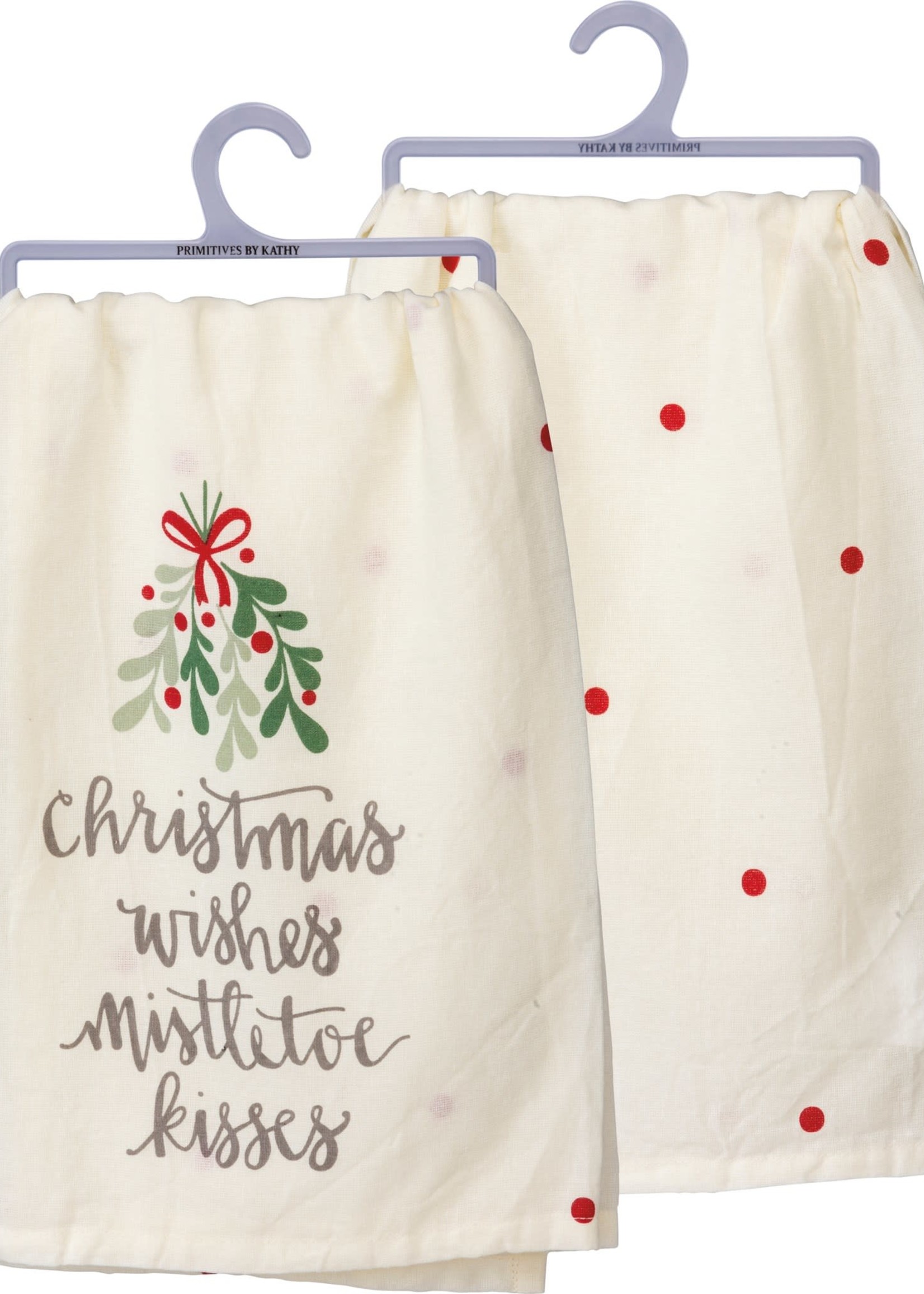 Primitives by Kathy *White/Red Polka Dot Christmas Wishes Dish Towel-Candym